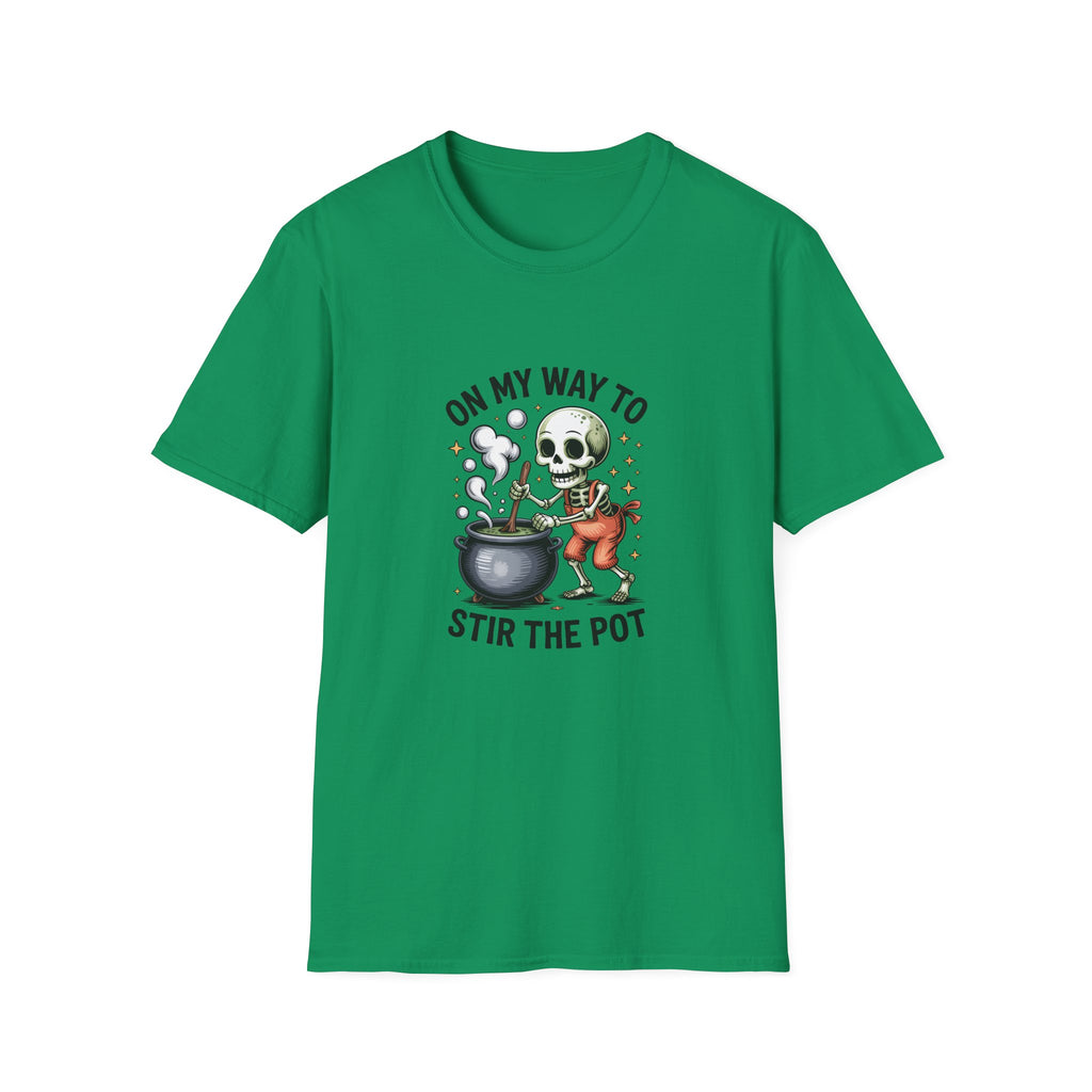 On My Way to Stir the Pot Skeleton T-Shirt — Funny Halloween Gift for Women