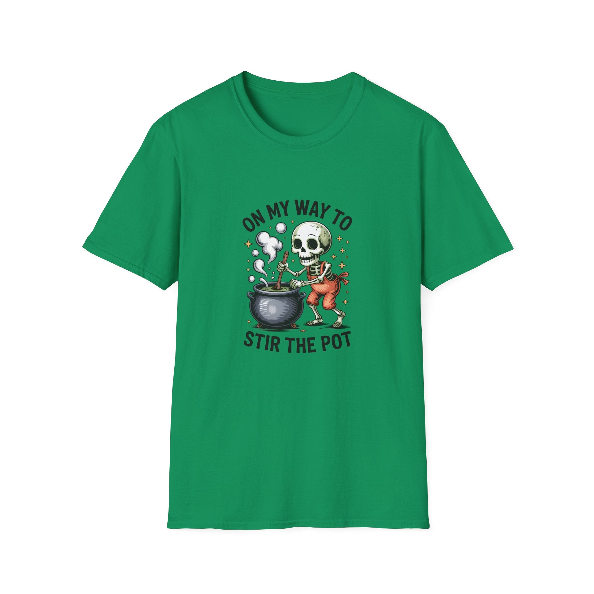 On My Way to Stir the Pot Skeleton T-Shirt — Funny Halloween Gift for Women