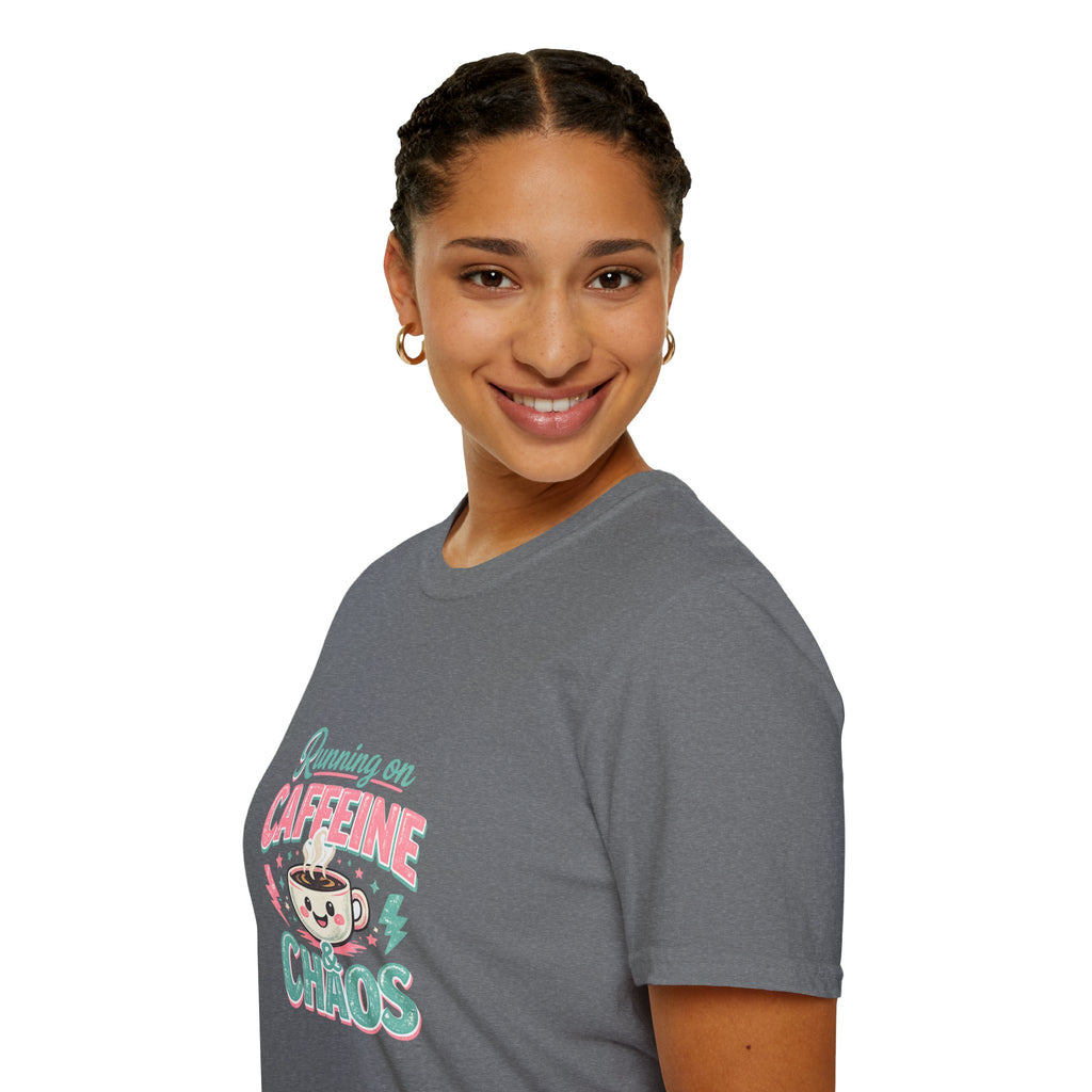 Running on Caffeine & Chaos T-Shirt — Funny Gift for Coffee Loving Moms Graphic Tee
