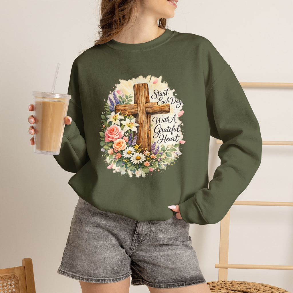 Christian Crewneck Sweatshirt — "Start Each Day with a Grateful Heart" Floral Cross