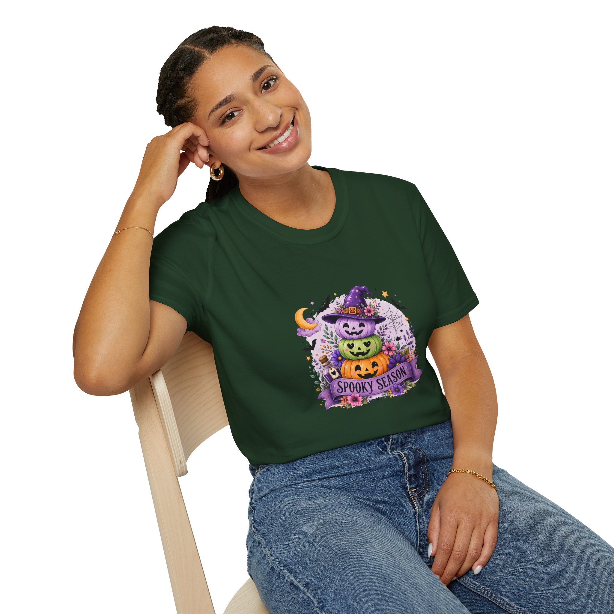 Spooky Season Pumpkin Stack T-Shirt — Cute Halloween Gift for Women Witch Hat Tee