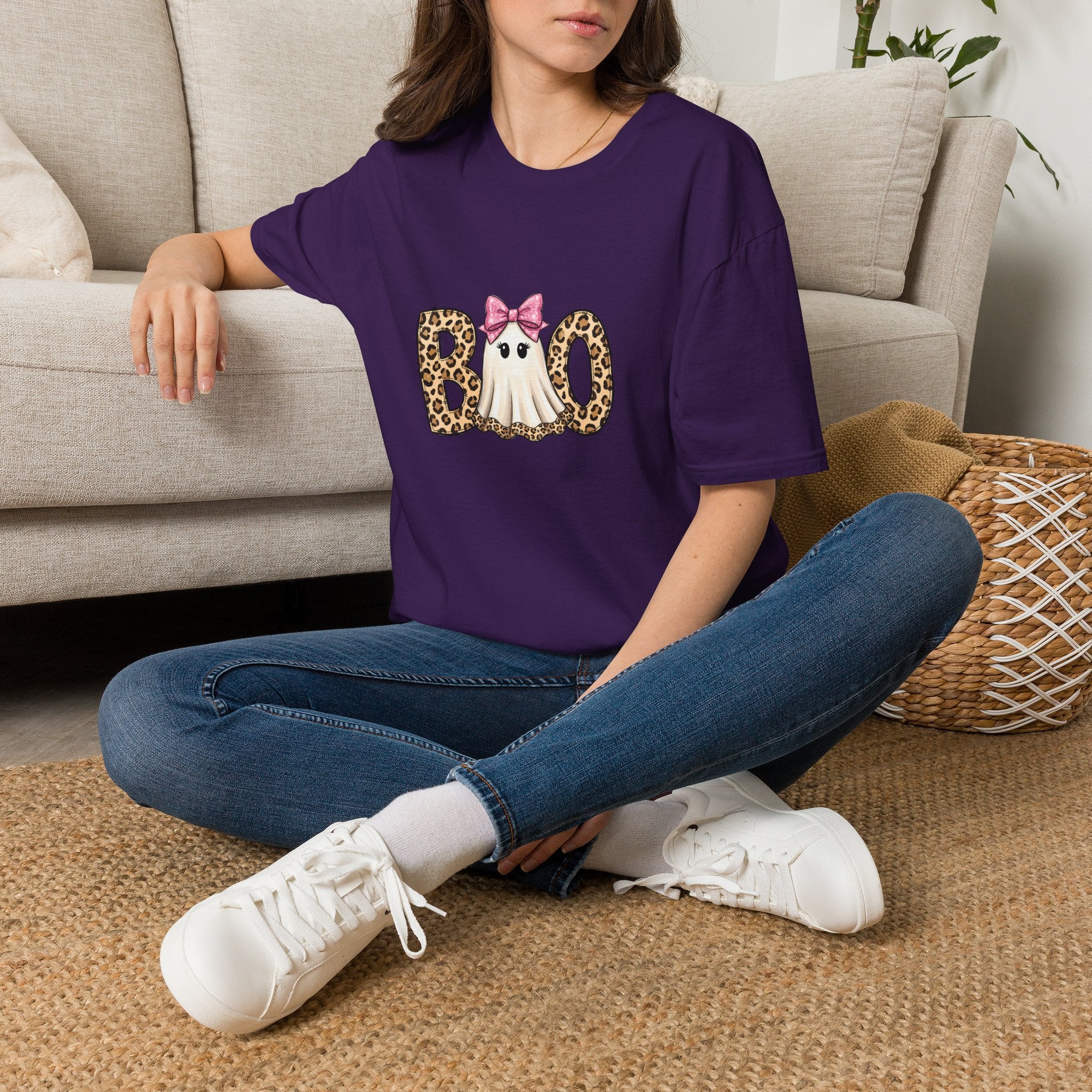Boo Leopard Ghost T-Shirt — Cute Pink Bow Halloween Gift for Women Graphic Tee