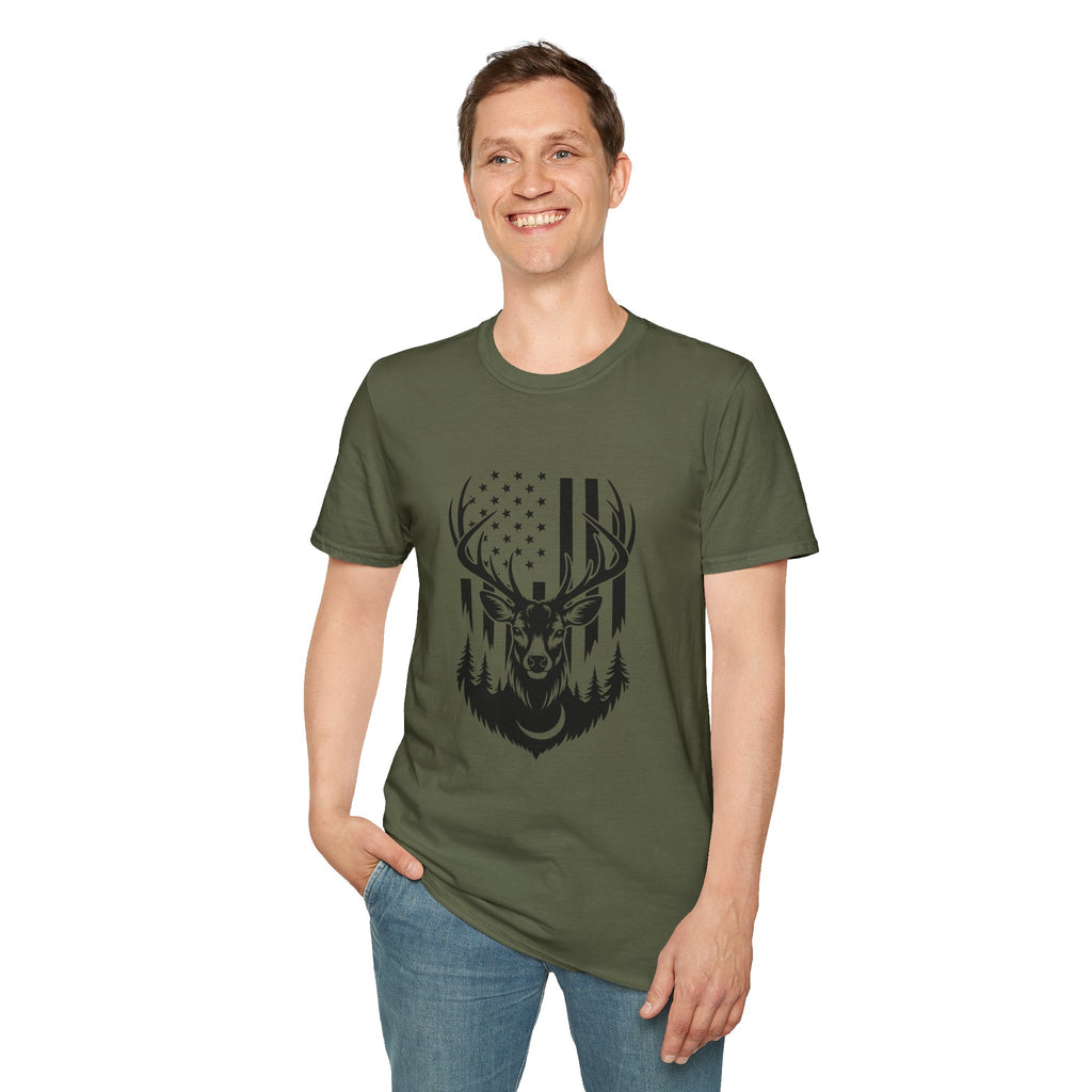 Rustic American Flag Buck T-Shirt — Patriotic Hunting Gift for Men Wildlife Tee
