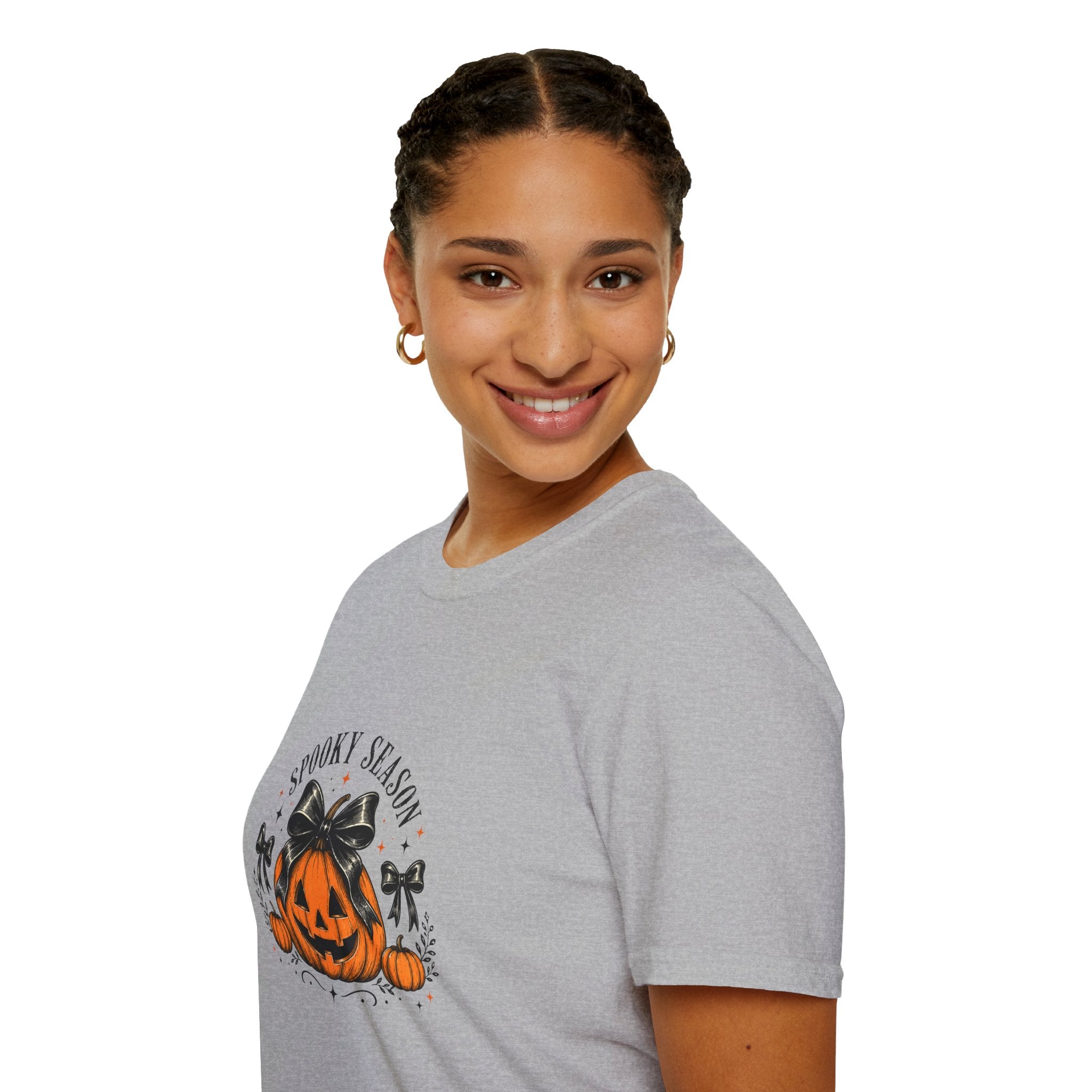 Spooky Season Jack-O'-Lantern Bow T-Shirt — Cute Halloween Gift for Women Graphic Tee