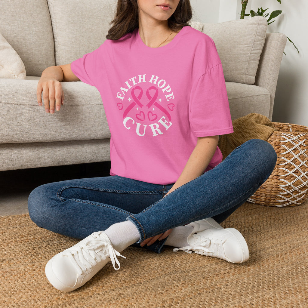 Faith Hope Cure Breast Cancer Awareness T-Shirt — Pink Ribbon Gift for Her Support Graphic Tee