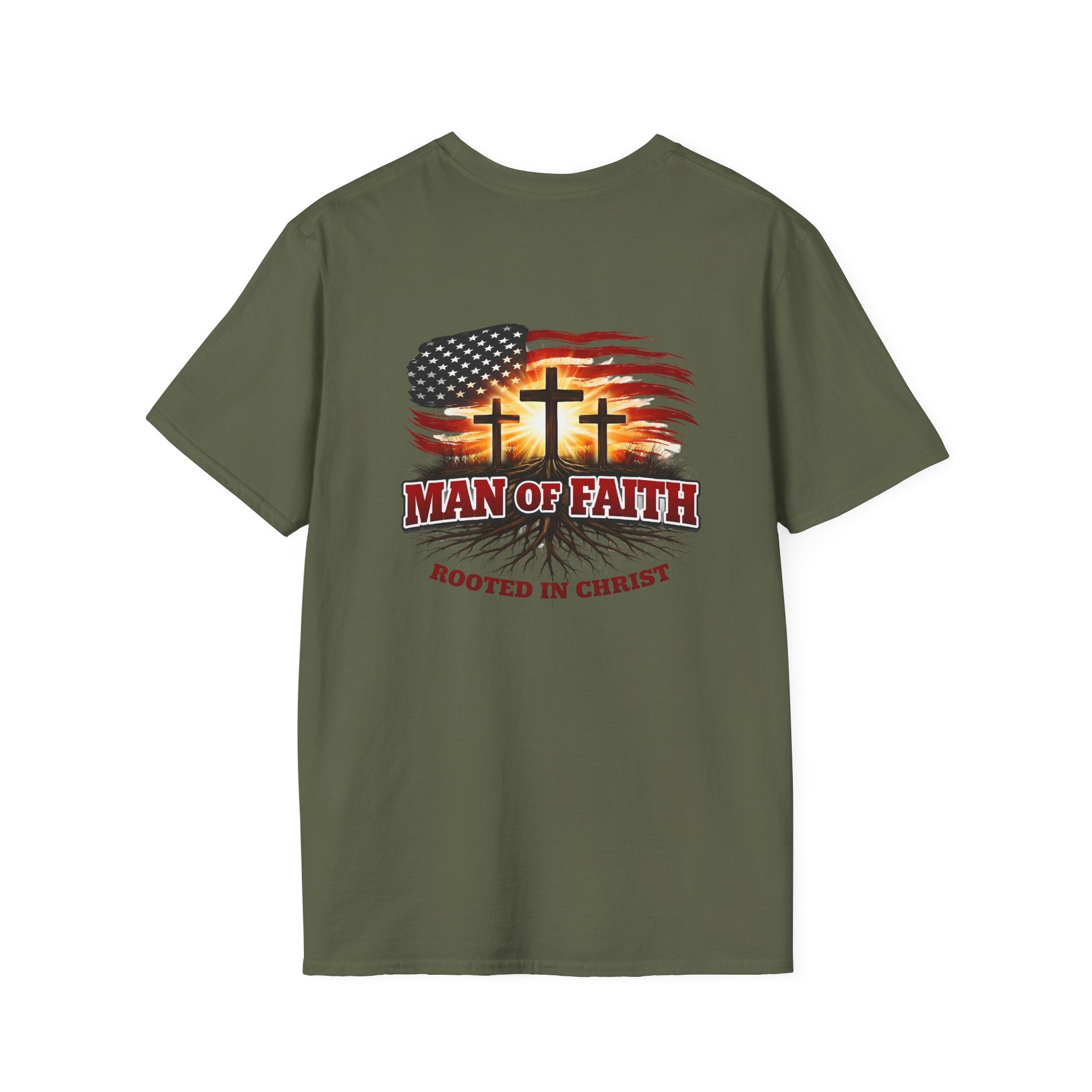 Man of Faith Rooted in Christ T-Shirt — Christian Gift for Him Flag & Cross Back Print Graphic Tee
