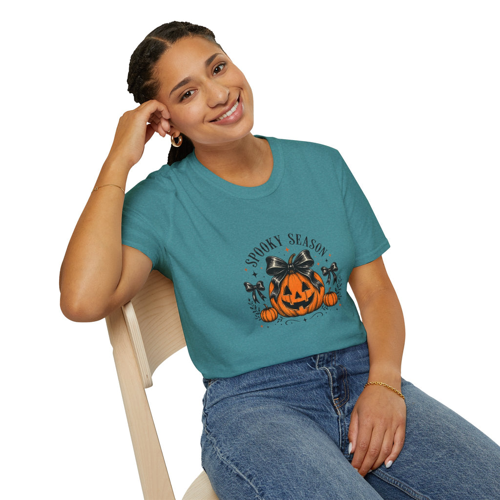 Spooky Season Jack-O'-Lantern Bow T-Shirt — Cute Halloween Gift for Women Graphic Tee