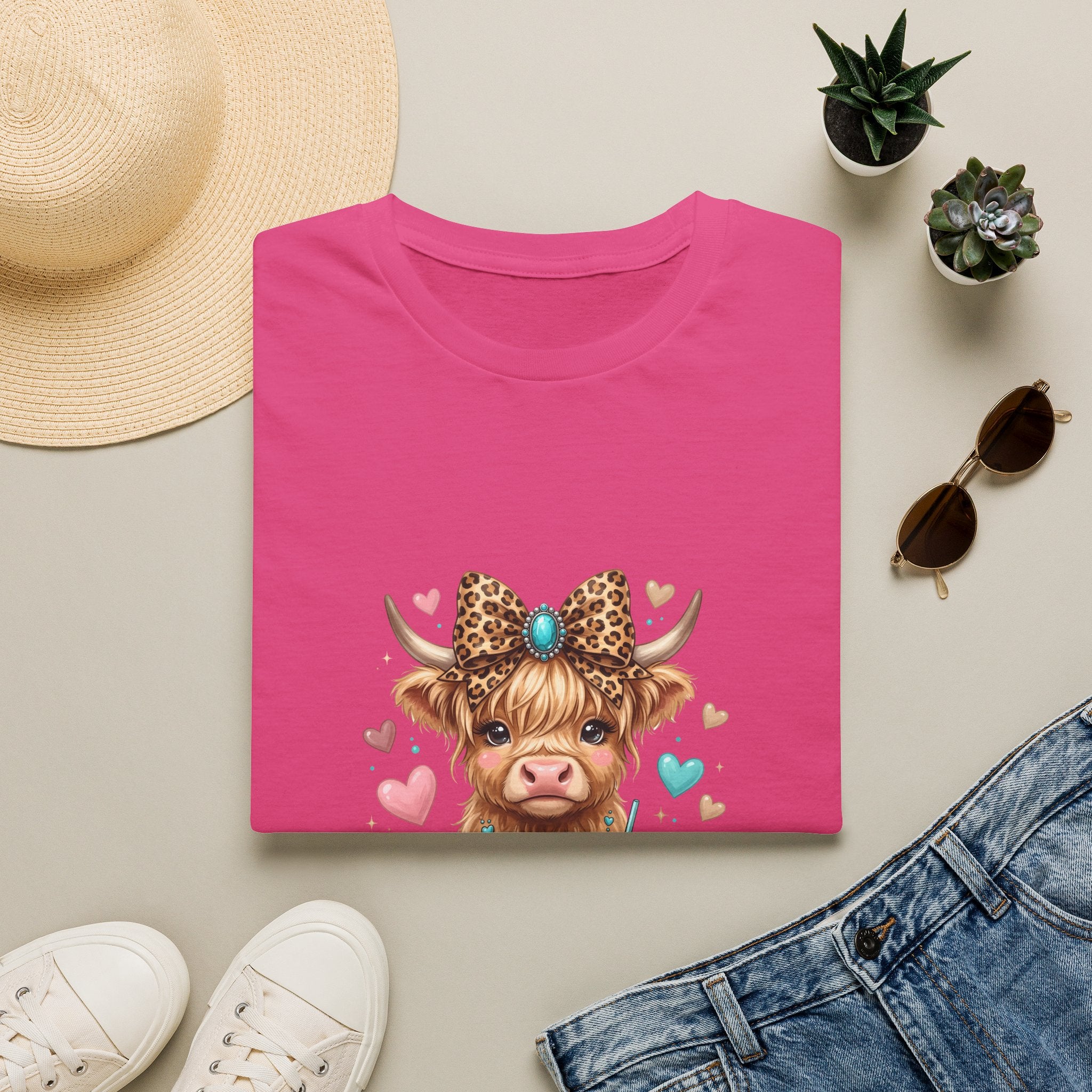 Highland Cow Leopard Bow T-Shirt — Cute Funny Gift for Her Hearts Graphic Tee