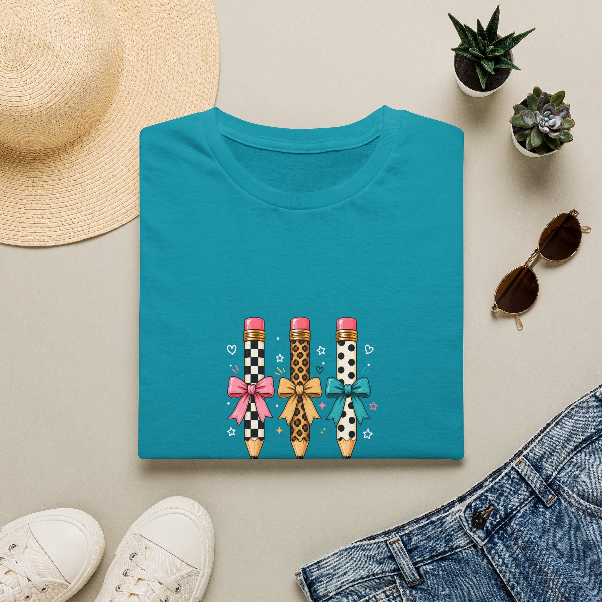 Pencil Trio Graphic T-Shirt — Cute Patterned Pencils with Bows