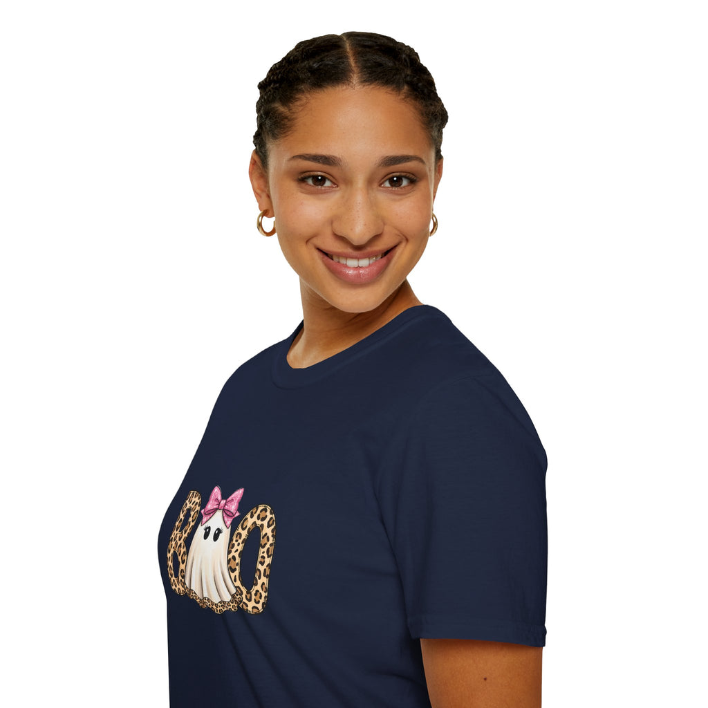 Boo Leopard Ghost T-Shirt — Cute Pink Bow Halloween Gift for Women Graphic Tee