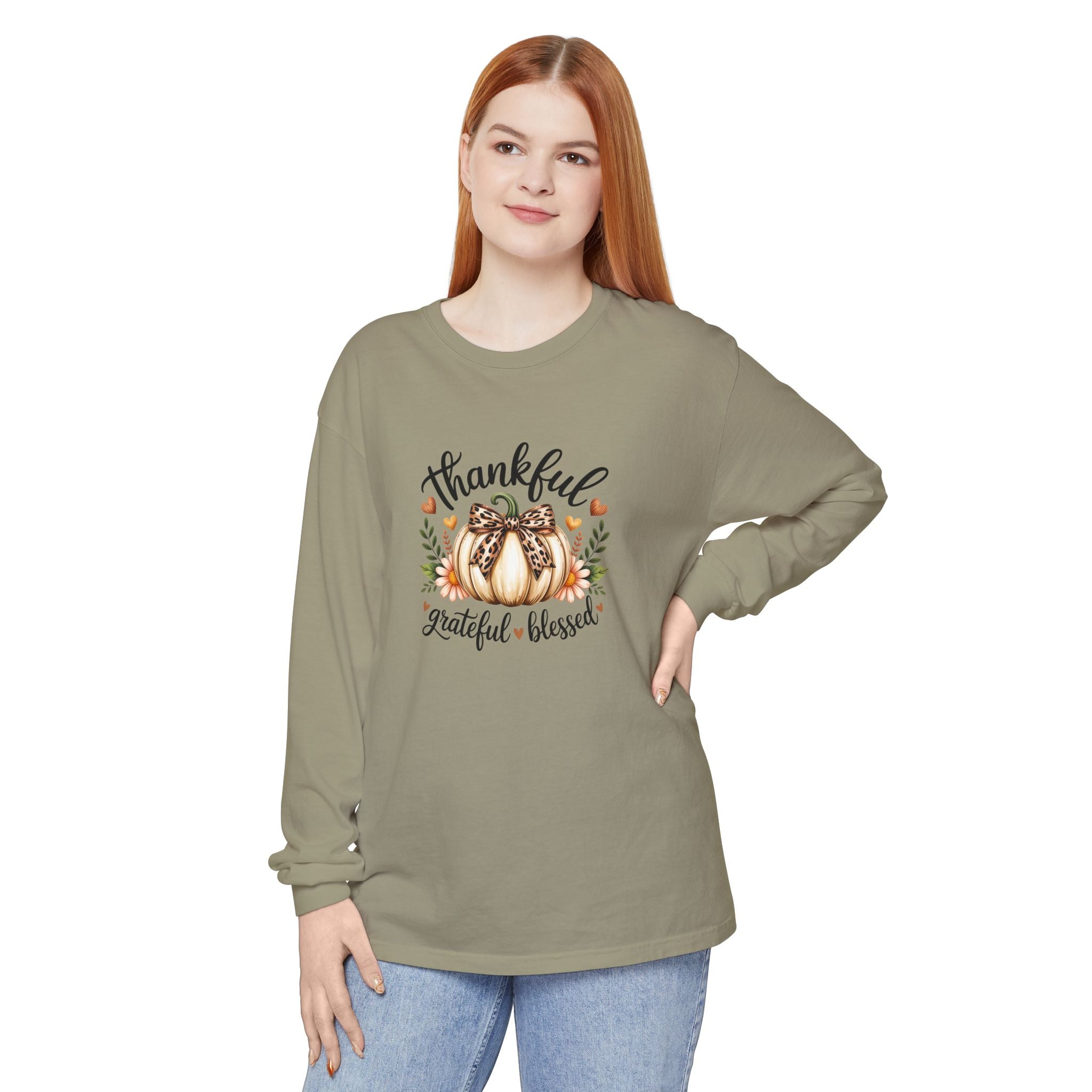 Thankful Grateful Blessed Pumpkin Long Sleeve — Cute Fall Thanksgiving Gift for Women