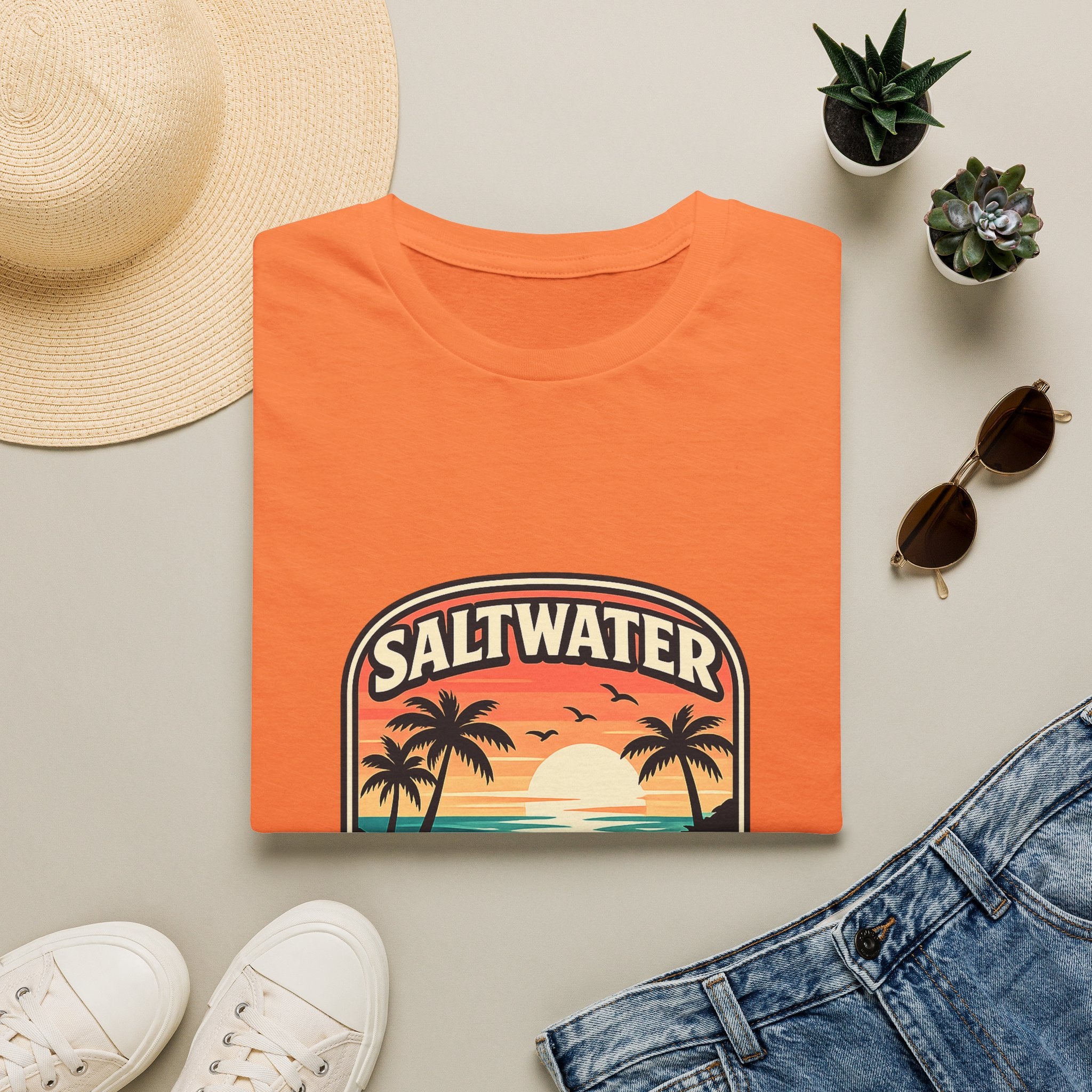 Saltwater Soul Retro Beach T-Shirt — Cute Coastal Gift for Women Sunset Palm Tee
