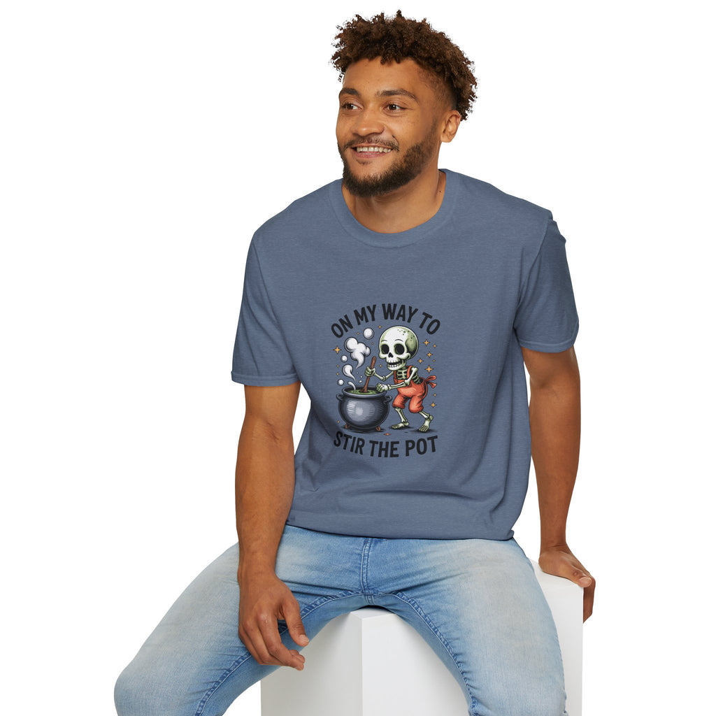 On My Way to Stir the Pot Skeleton T-Shirt — Funny Halloween Gift for Women