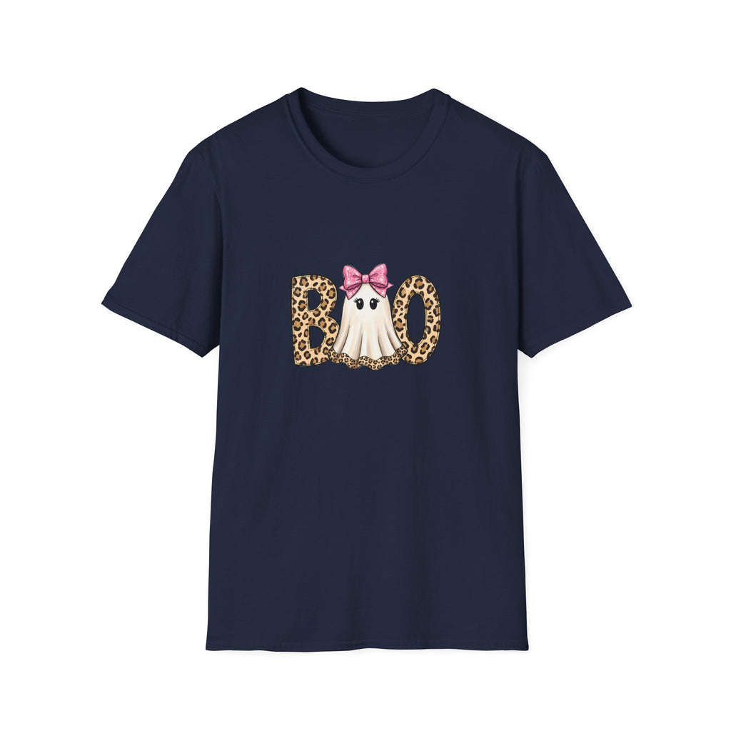 Boo Leopard Ghost T-Shirt — Cute Pink Bow Halloween Gift for Women Graphic Tee