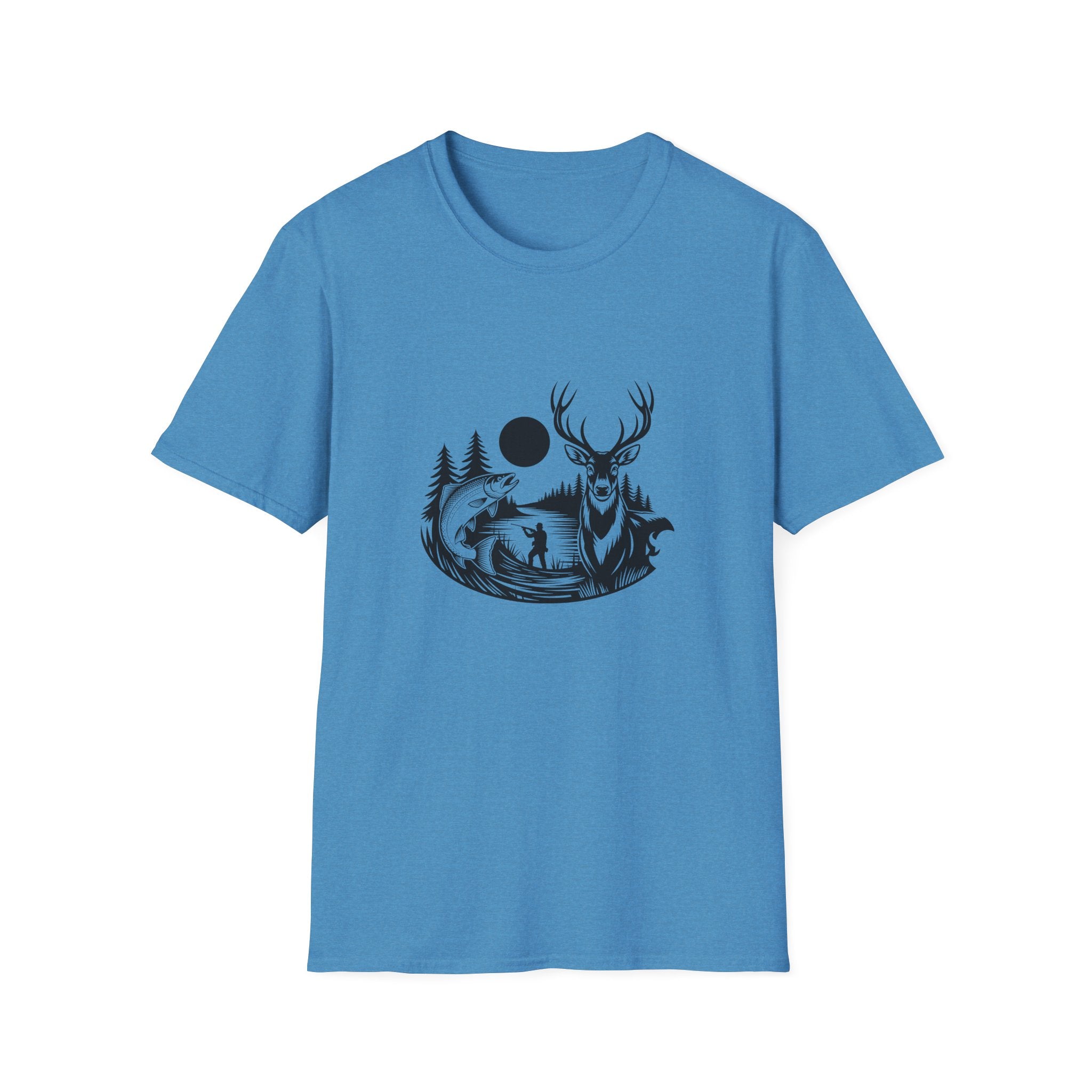 Deer & Fish Forest Silhouette T-Shirt — Rustic Outdoor Gift for Hunters Graphic Tee