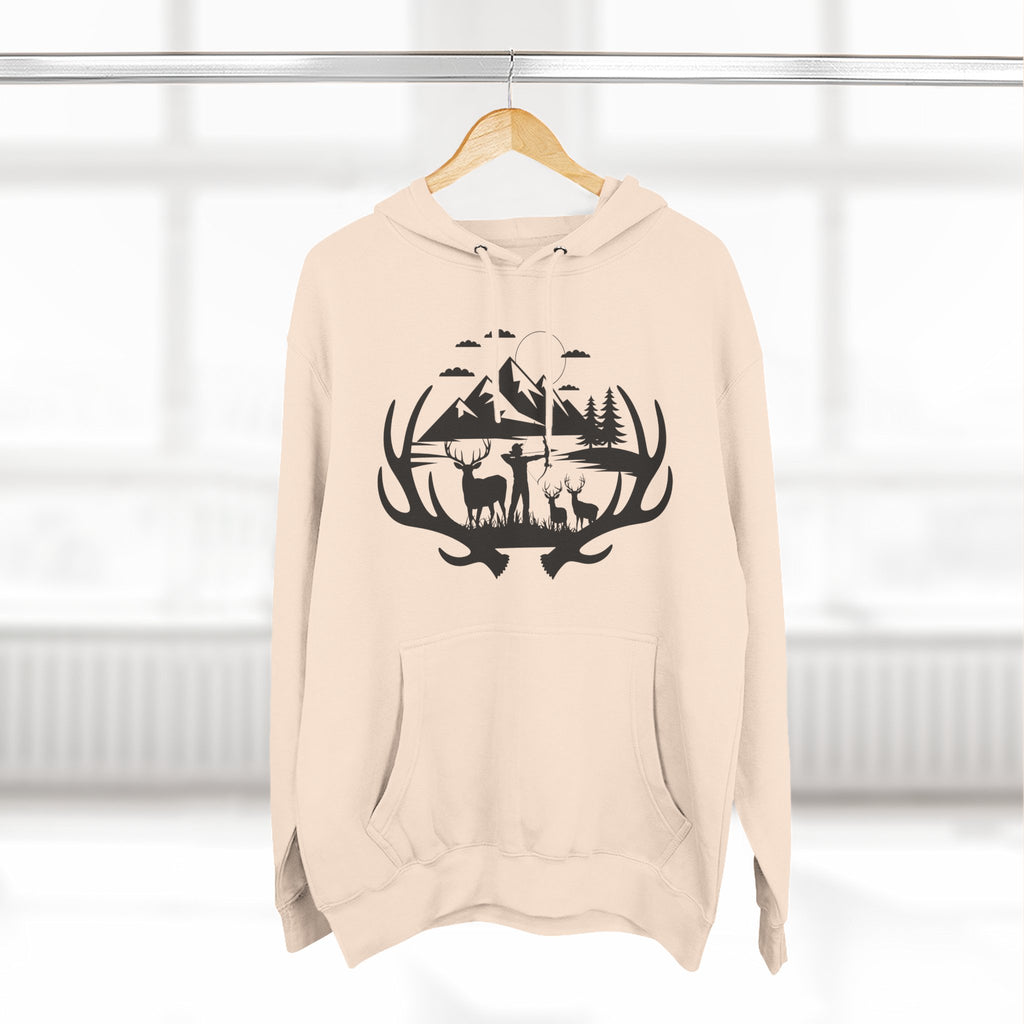 Deer Antler Mountain Hoodie — Rustic Outdoor Gift for Him Wildlife Graphic Pullover