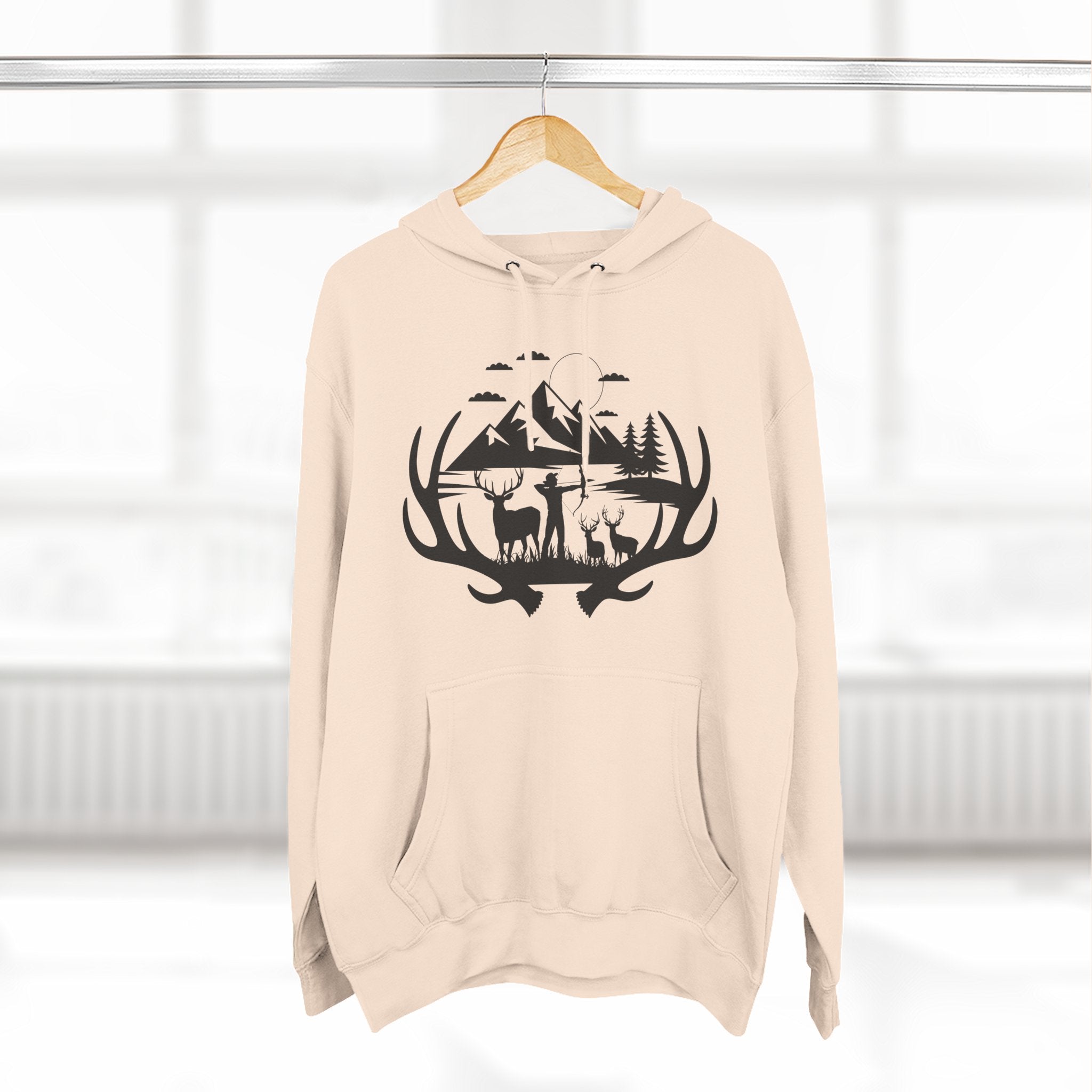 Deer Antler Mountain Hoodie — Rustic Outdoor Gift for Him Wildlife Graphic Pullover