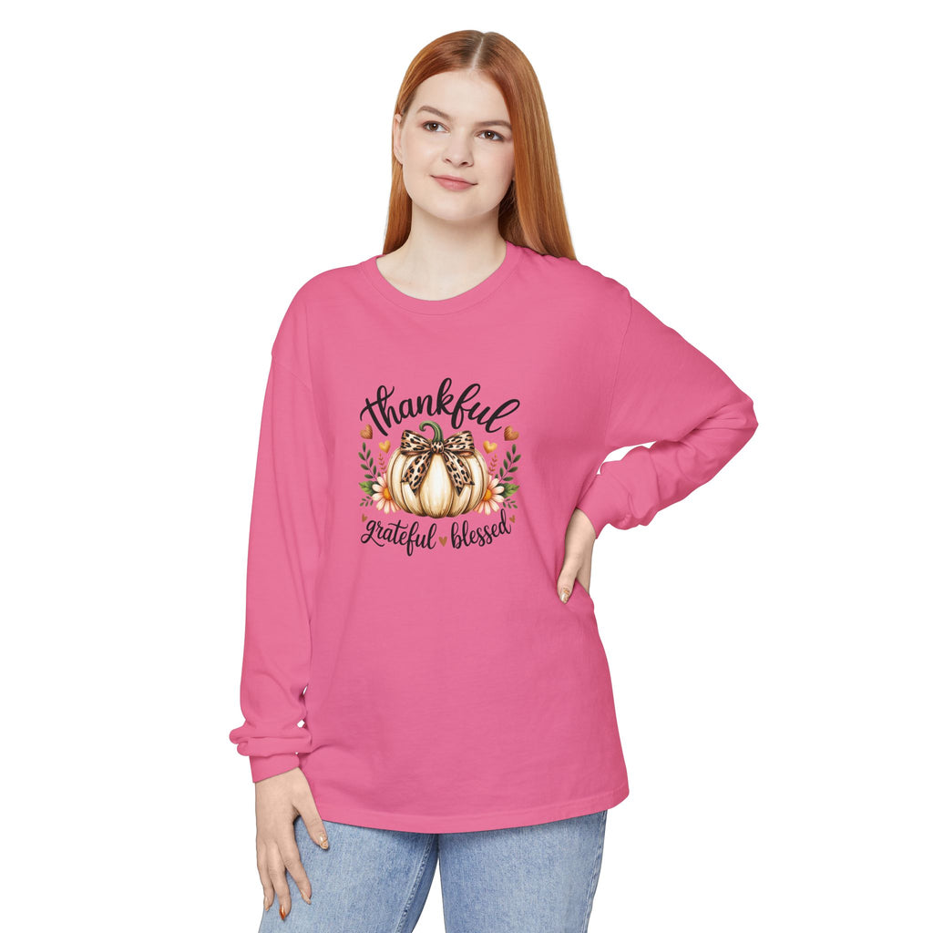 Thankful Grateful Blessed Pumpkin Long Sleeve — Cute Fall Thanksgiving Gift for Women
