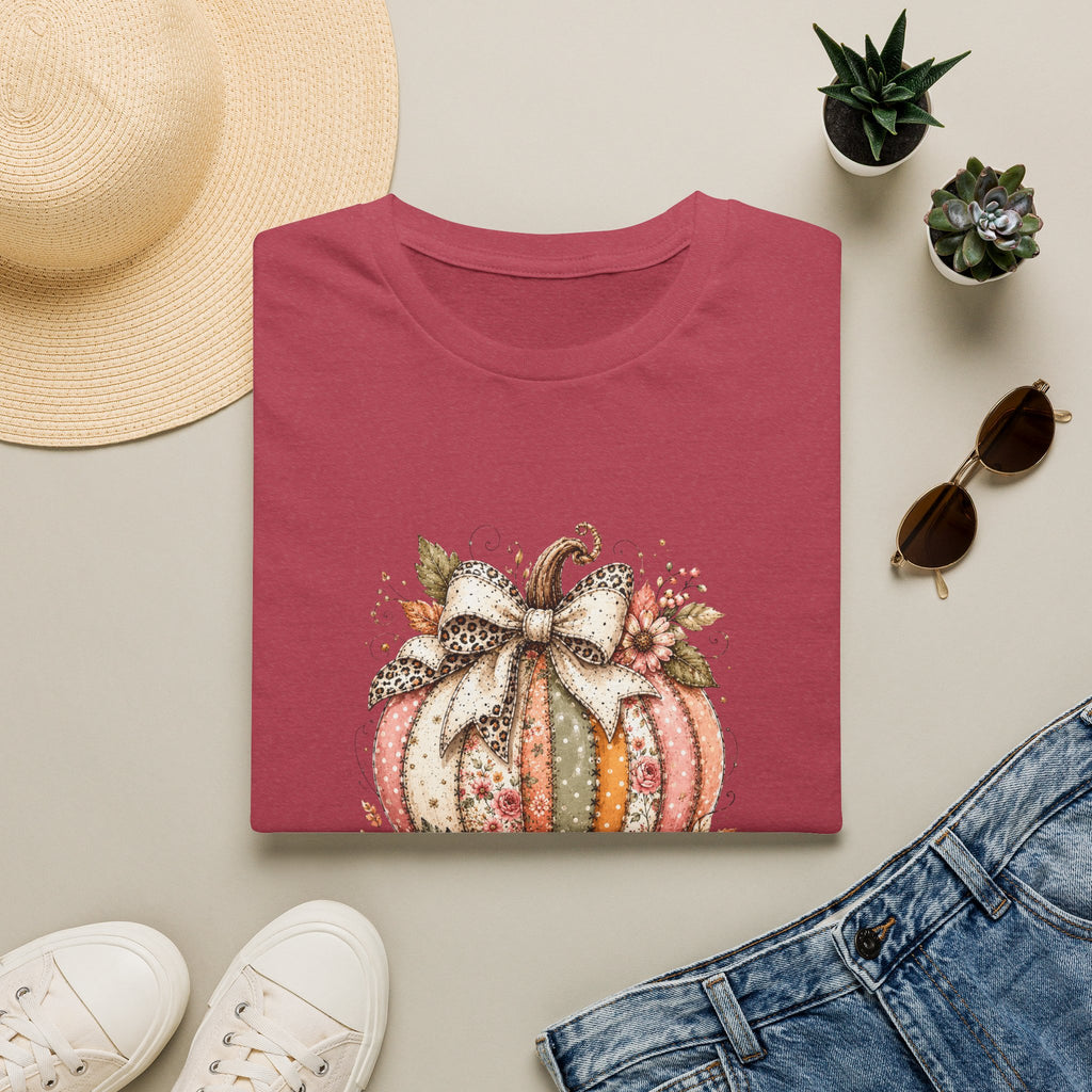 Autumn Floral Pumpkin Leopard Bow T-Shirt — Cute Fall Gift for Women Graphic Tee