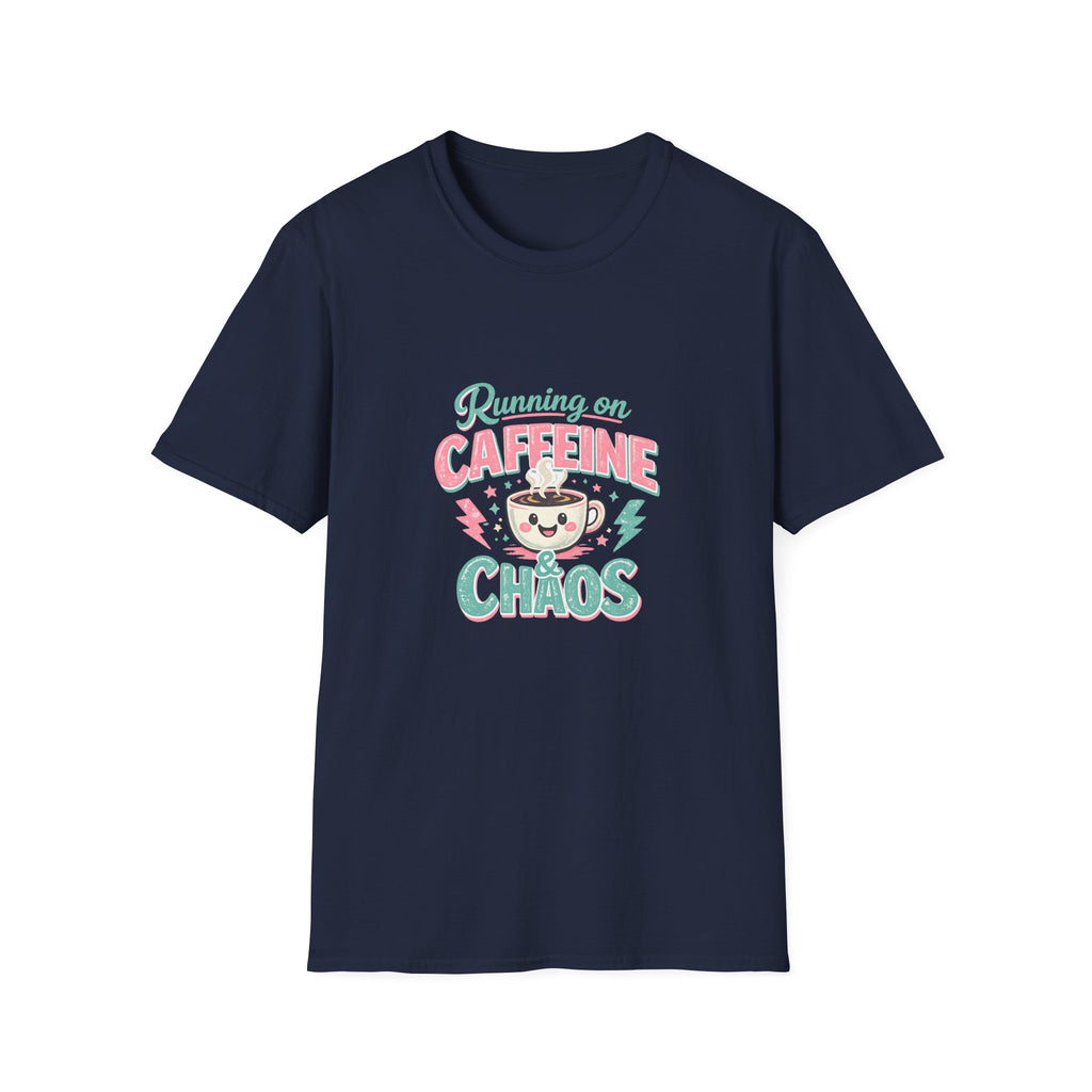 Running on Caffeine & Chaos T-Shirt — Funny Gift for Coffee Loving Moms Graphic Tee