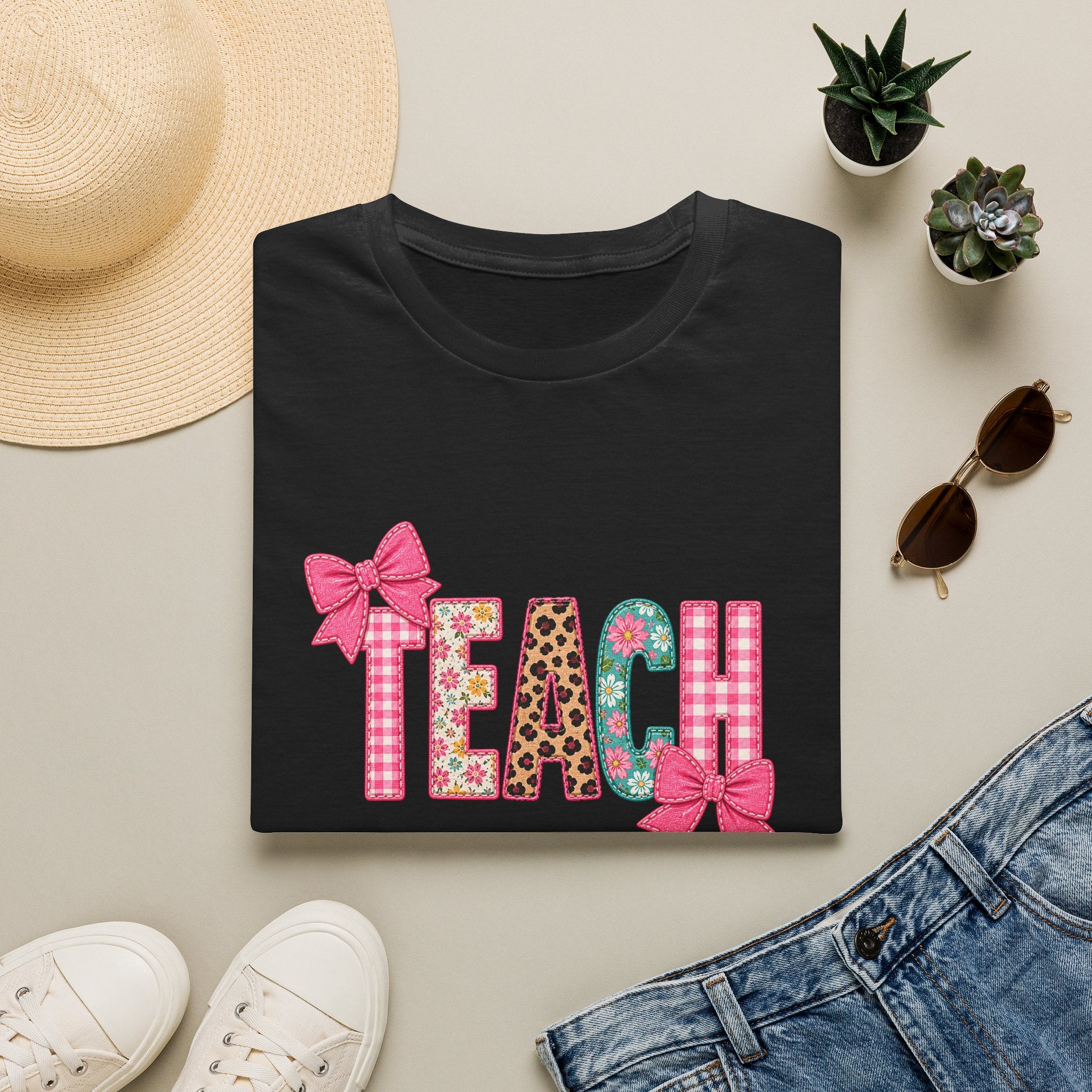 Floral Leopard TEACH T-Shirt — Cute Back-to-School Gift for Teachers Pink Bow Tee