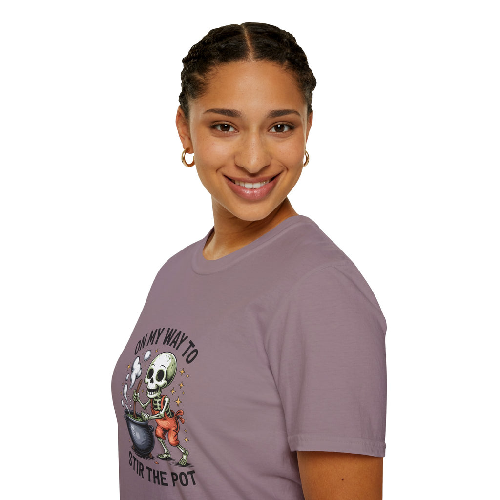 On My Way to Stir the Pot Skeleton T-Shirt — Funny Halloween Gift for Women