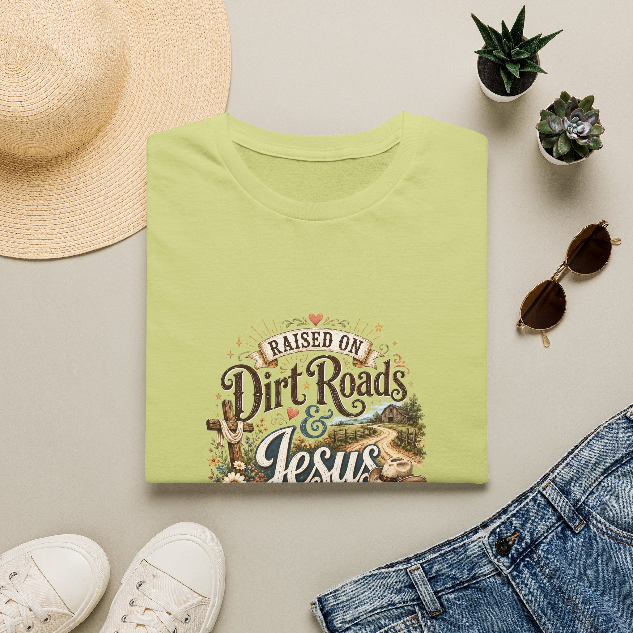 Raised on Dirt Roads & Jesus T-Shirt — Rustic Christian Gift for Women Faith Tee