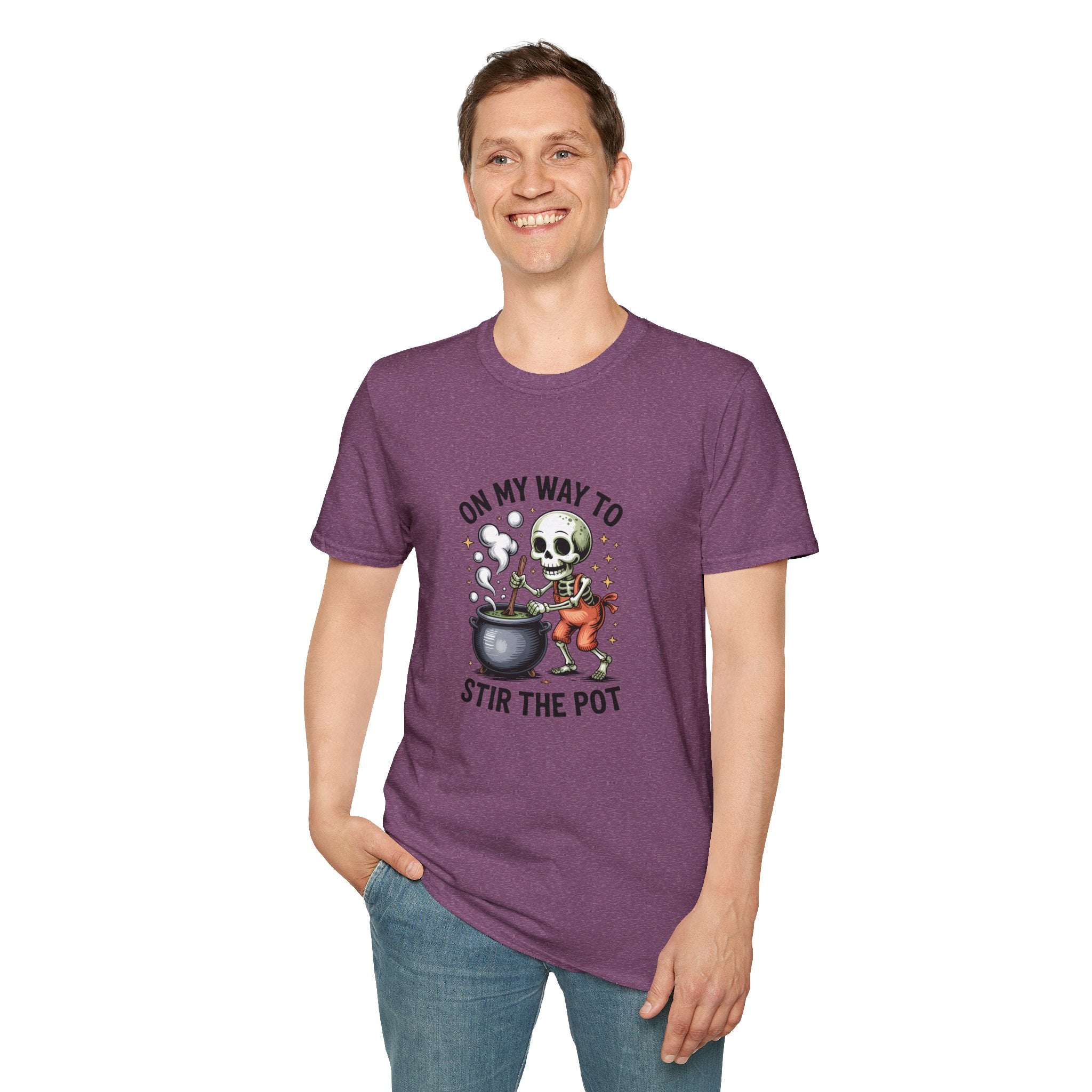 On My Way to Stir the Pot Skeleton T-Shirt — Funny Halloween Gift for Women