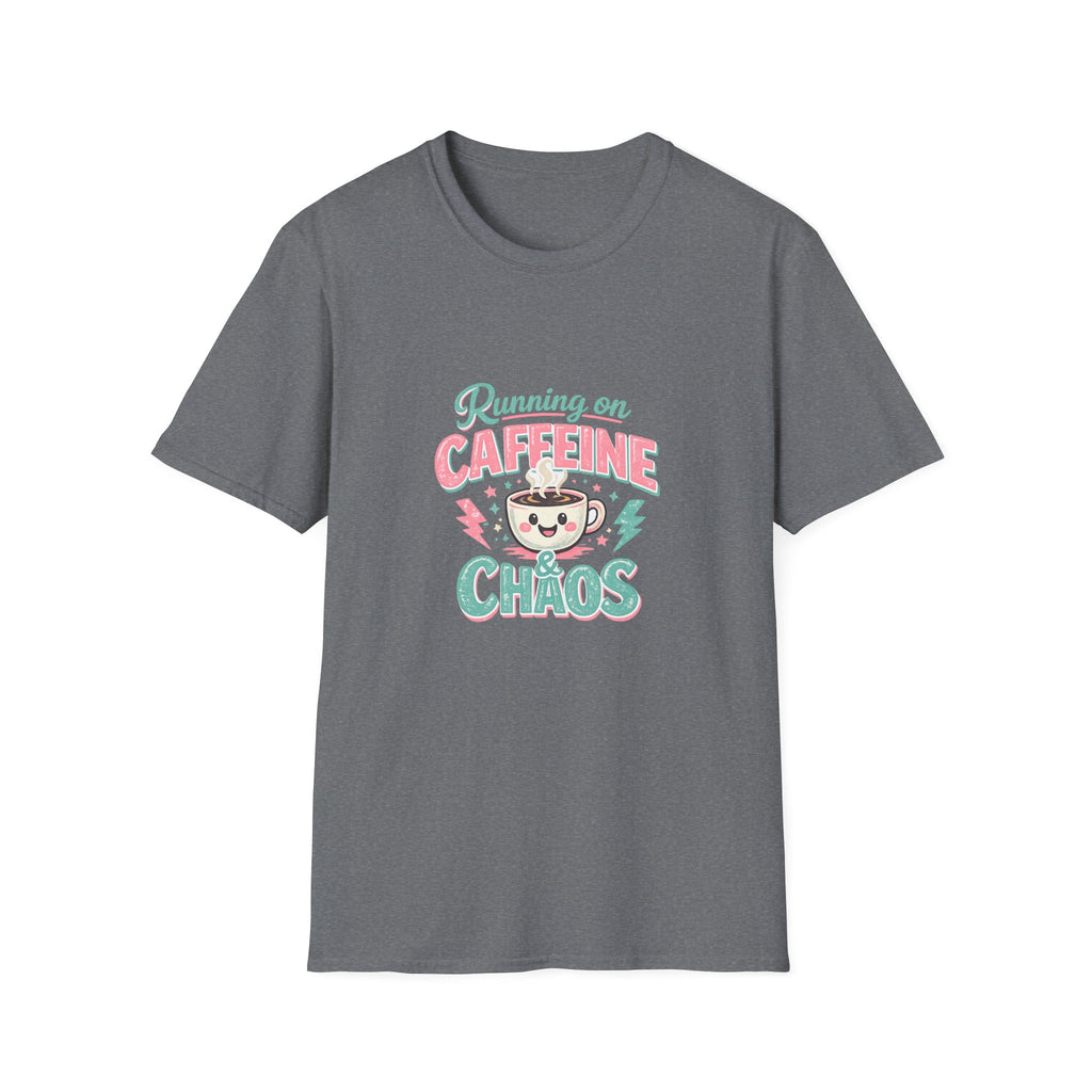 Running on Caffeine & Chaos T-Shirt — Funny Gift for Coffee Loving Moms Graphic Tee