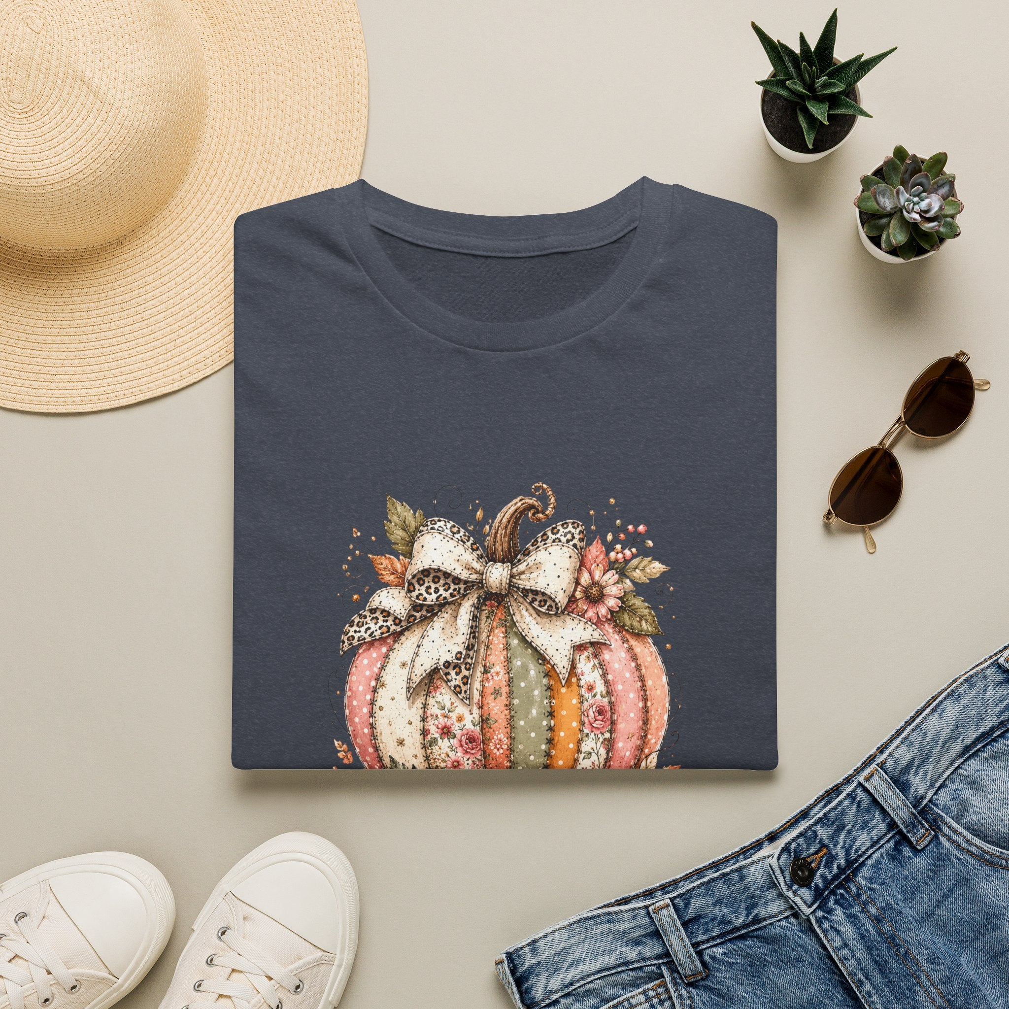 Autumn Floral Pumpkin Leopard Bow T-Shirt — Cute Fall Gift for Women Graphic Tee