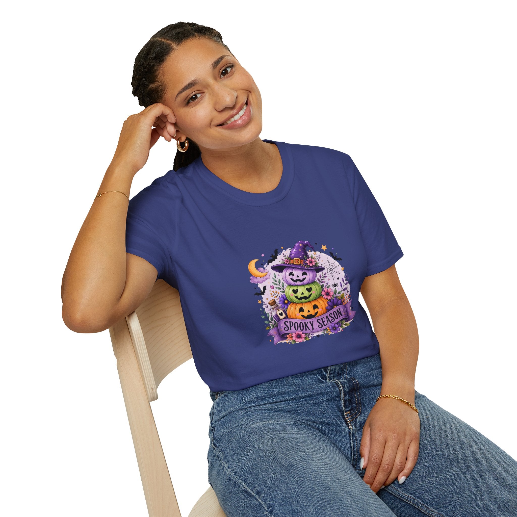 Spooky Season Pumpkin Stack T-Shirt — Cute Halloween Gift for Women Witch Hat Tee