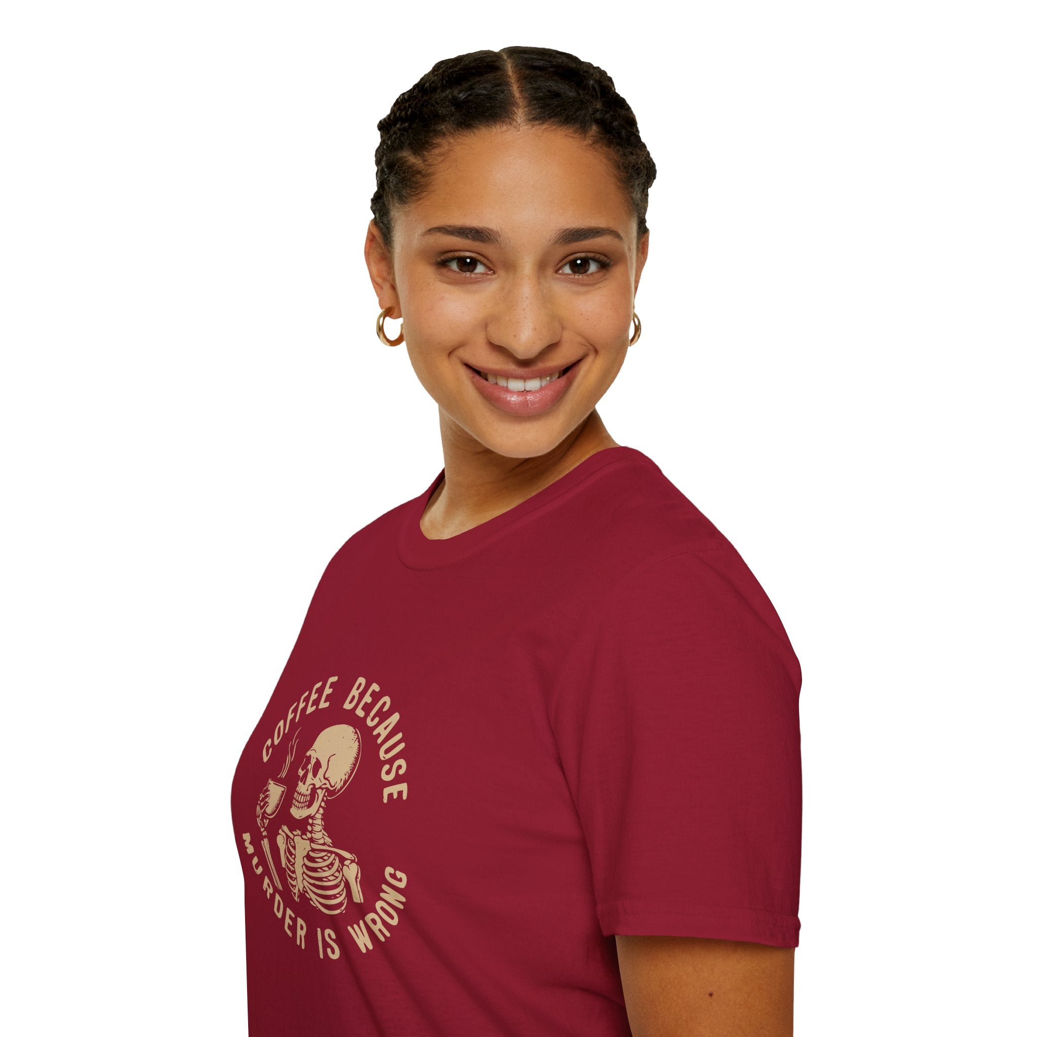 Coffee Because Murder Is Wrong Skull T-Shirt — Funny Dark Humor Gift for Her Graphic Tee