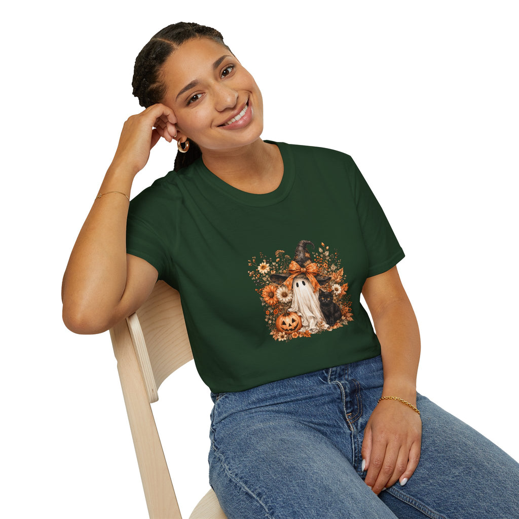 Halloween Witch Ghost & Cat T-Shirt — Cute Spooky Gift for Women Fall Floral Tee