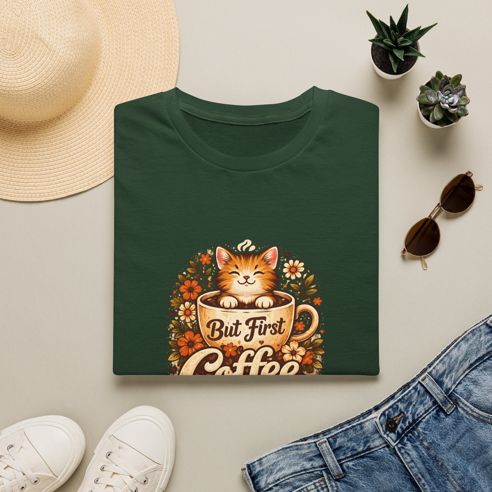 But First Coffee Cat T-Shirt — Cute Floral Gift for Coffee Lovers Women's Tee