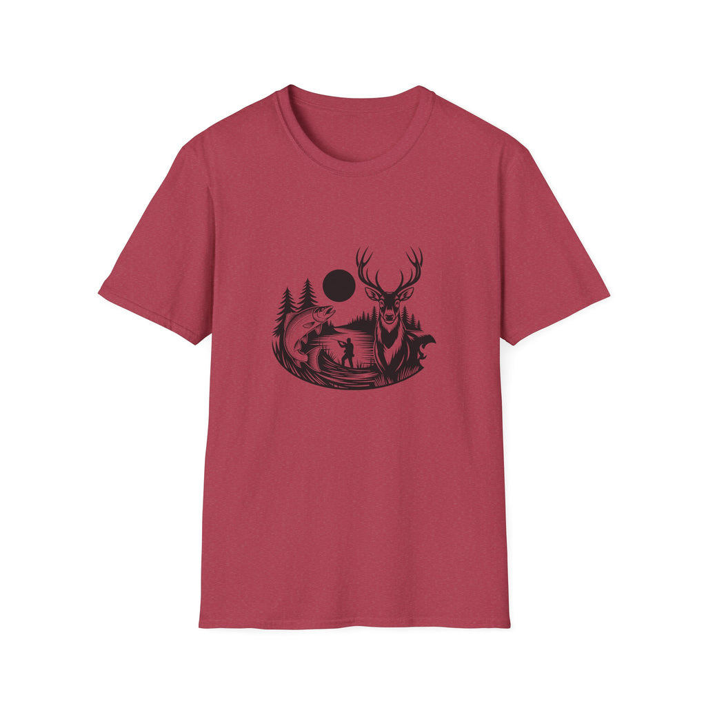 Deer & Fish Forest Silhouette T-Shirt — Rustic Outdoor Gift for Hunters Graphic Tee