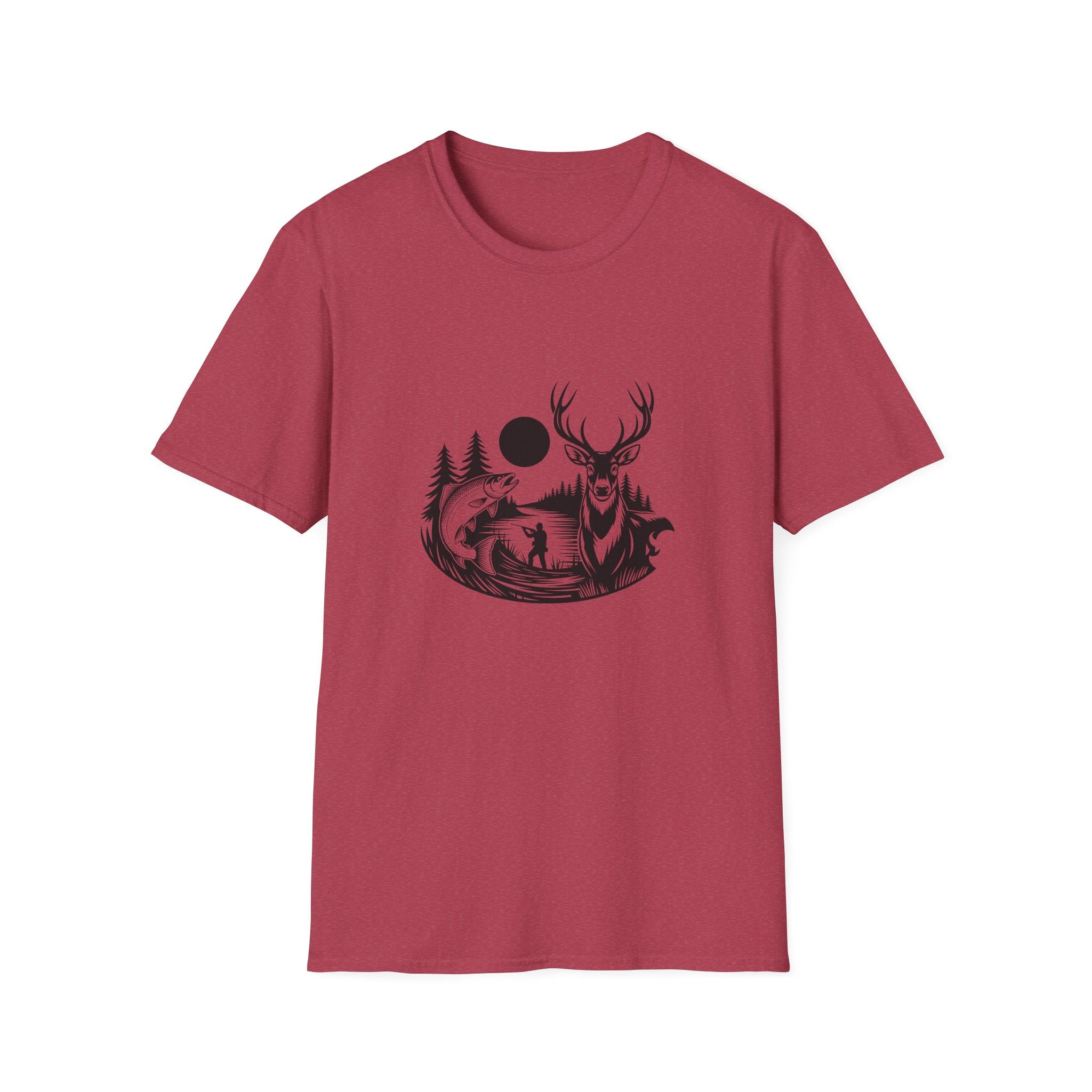 Deer & Fish Forest Silhouette T-Shirt — Rustic Outdoor Gift for Hunters Graphic Tee