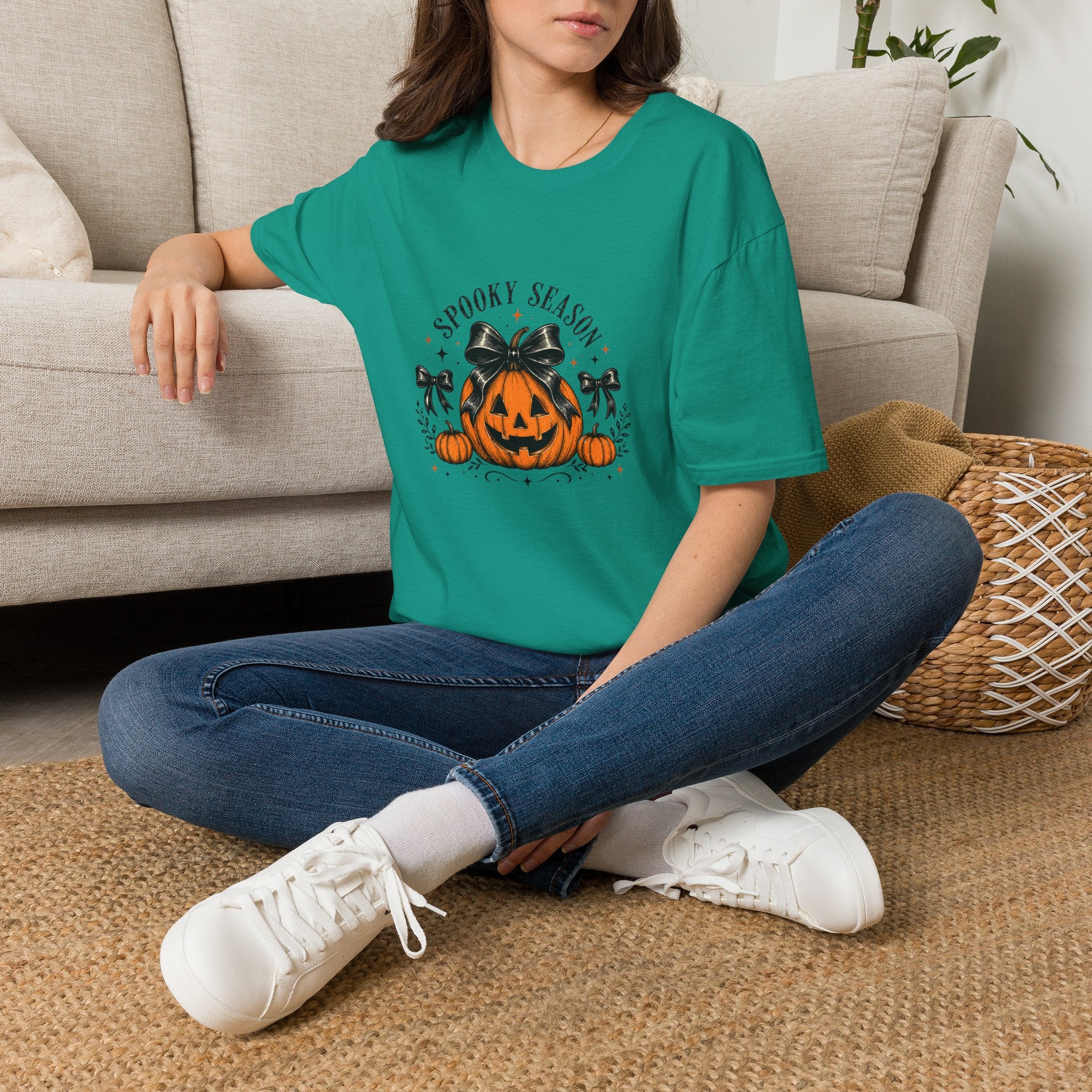 Spooky Season Jack-O'-Lantern Bow T-Shirt — Cute Halloween Gift for Women Graphic Tee