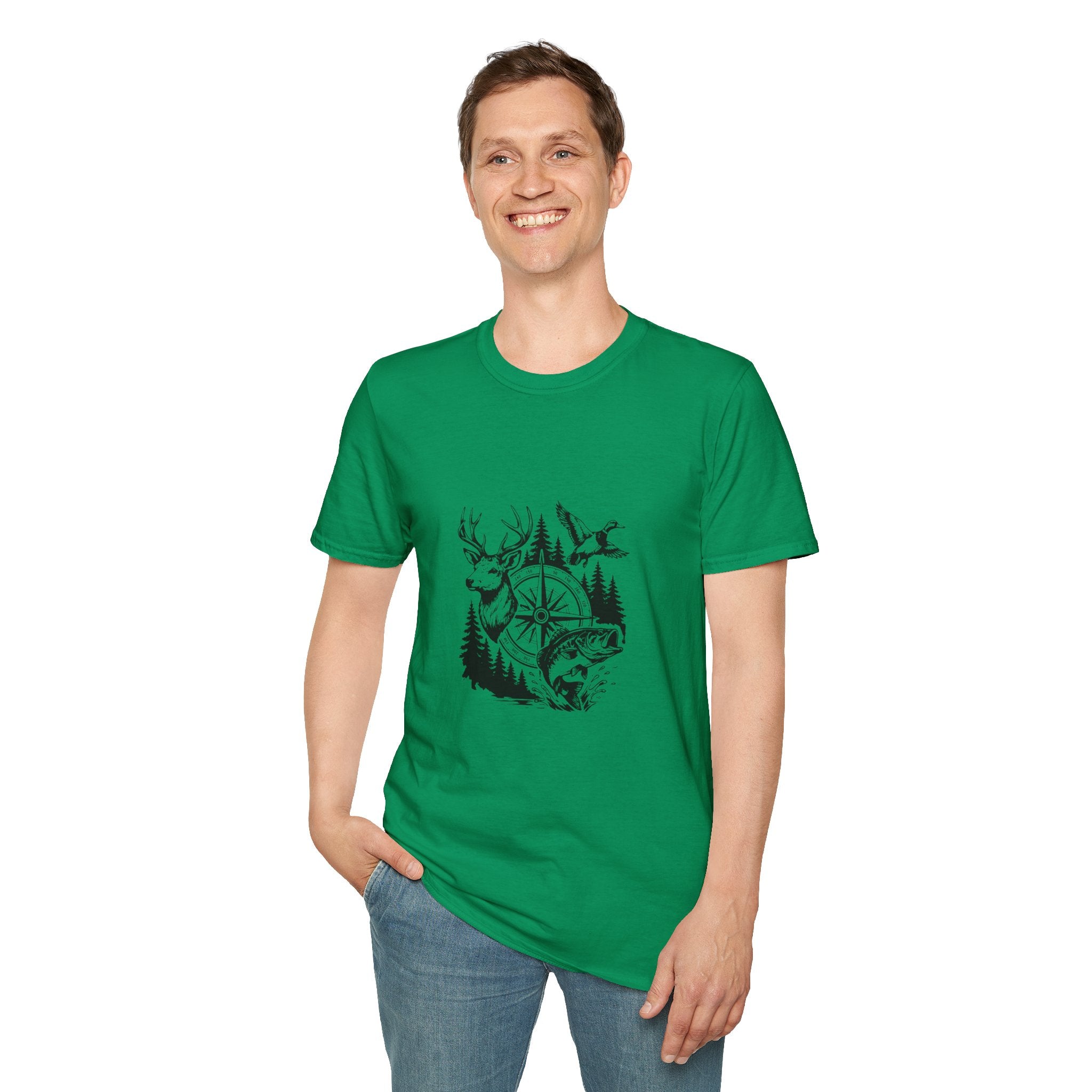Outdoor Wildlife Compass T-Shirt — Deer Duck & Fish Nature Gift for Hunters