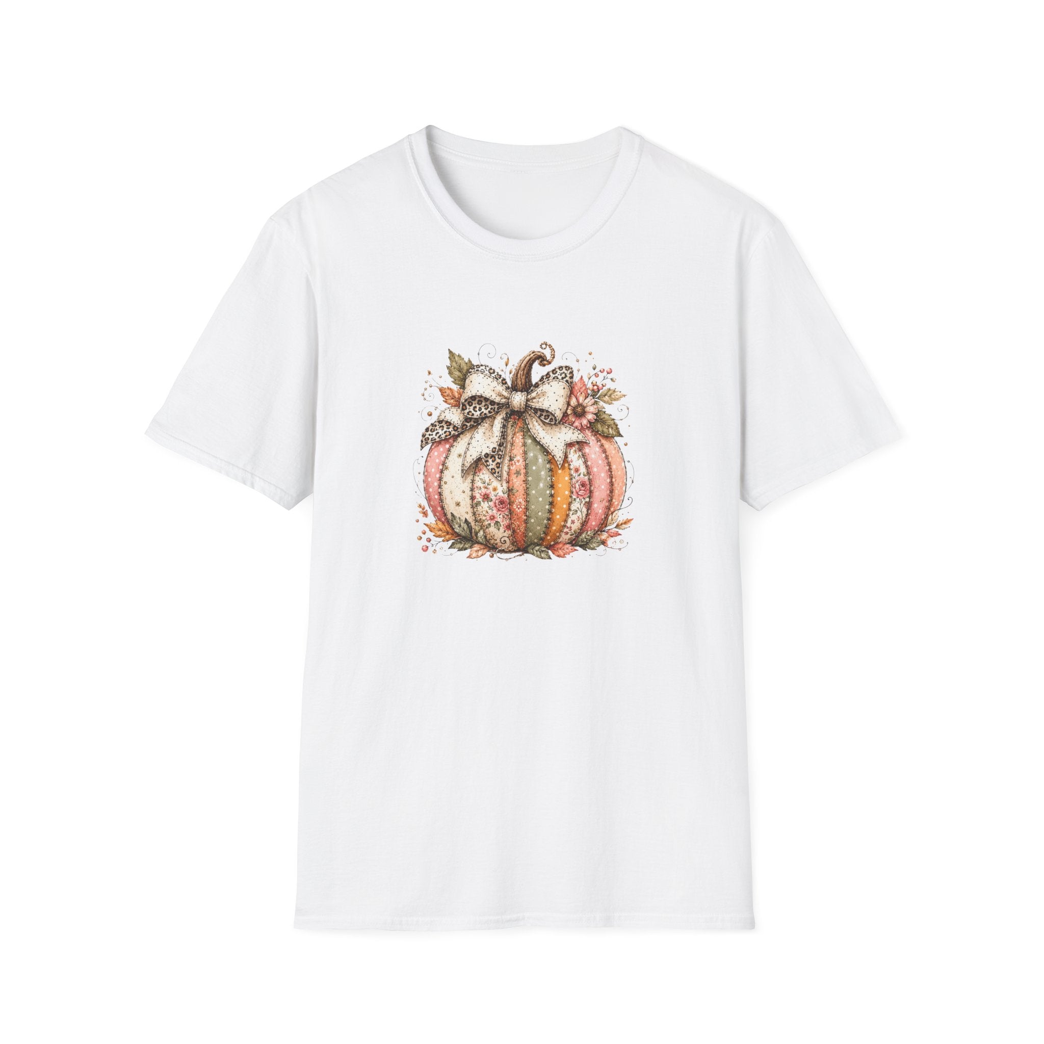 Autumn Floral Pumpkin Leopard Bow T-Shirt — Cute Fall Gift for Women Graphic Tee