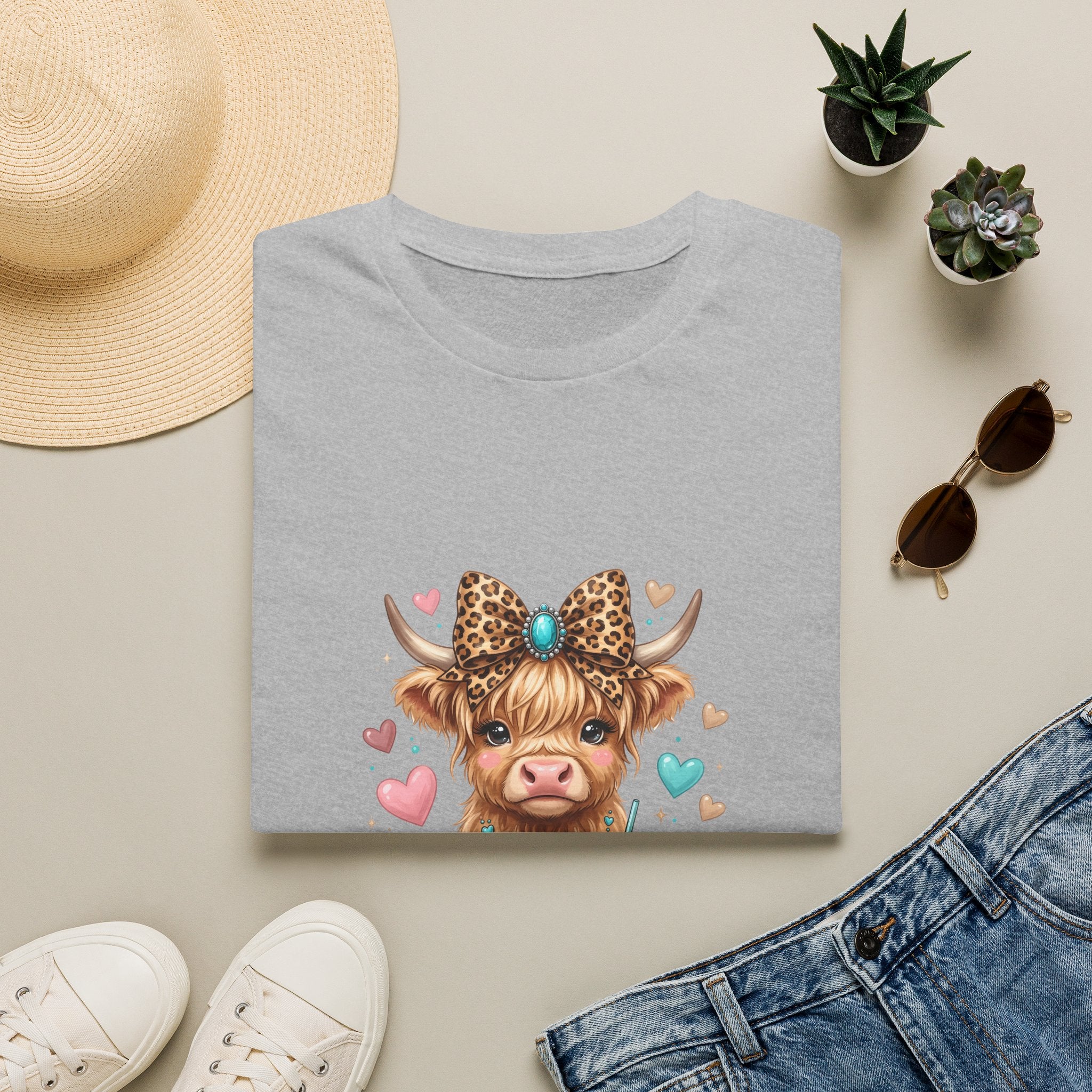 Highland Cow Leopard Bow T-Shirt — Cute Funny Gift for Her Hearts Graphic Tee
