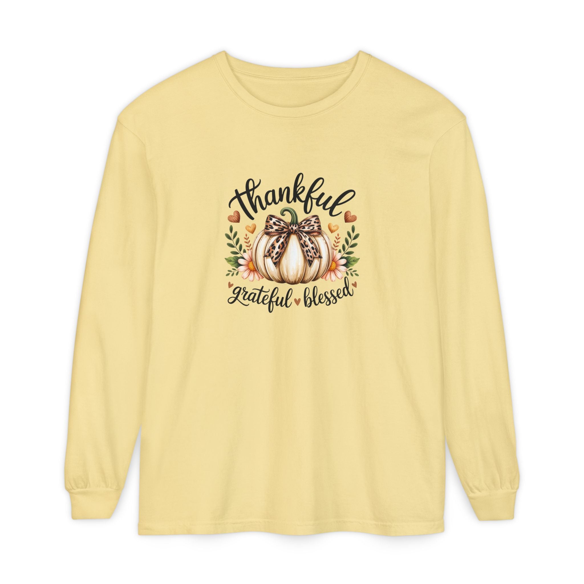 Thankful Grateful Blessed Pumpkin Long Sleeve — Cute Fall Thanksgiving Gift for Women