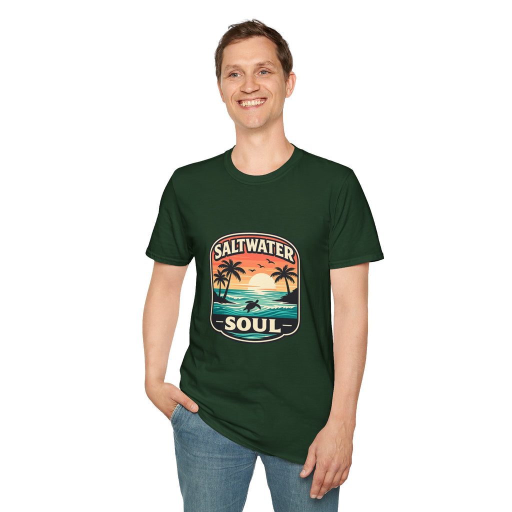Saltwater Soul Retro Beach T-Shirt — Cute Coastal Gift for Women Sunset Palm Tee