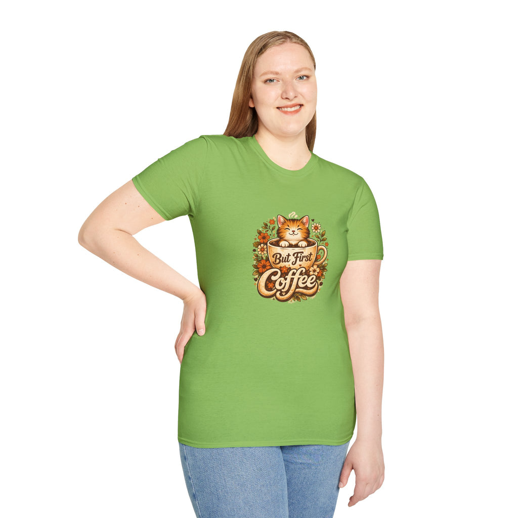 But First Coffee Cat T-Shirt — Cute Floral Gift for Coffee Lovers Women's Tee