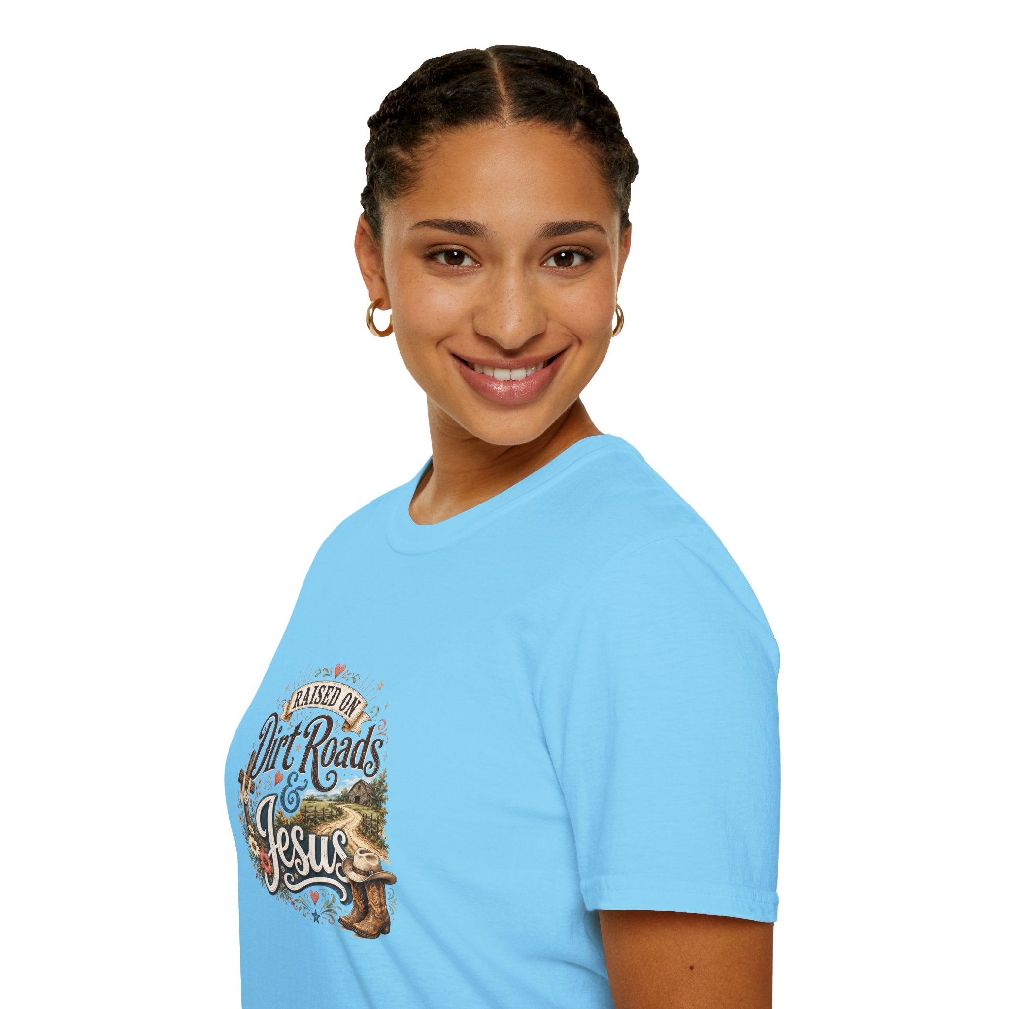 Raised on Dirt Roads & Jesus T-Shirt — Rustic Christian Gift for Women Faith Tee