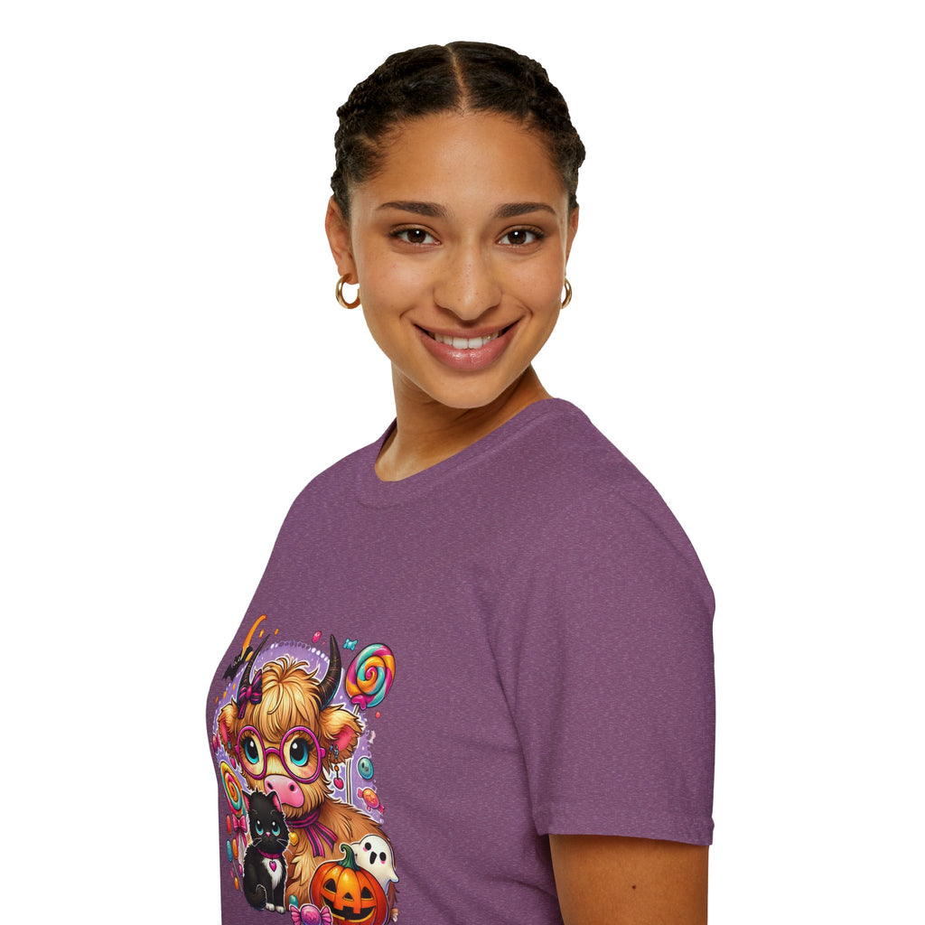 Cute Halloween Cow T-Shirt — Funny Gift for Her Candy Pumpkins & Kitty Costume Tee
