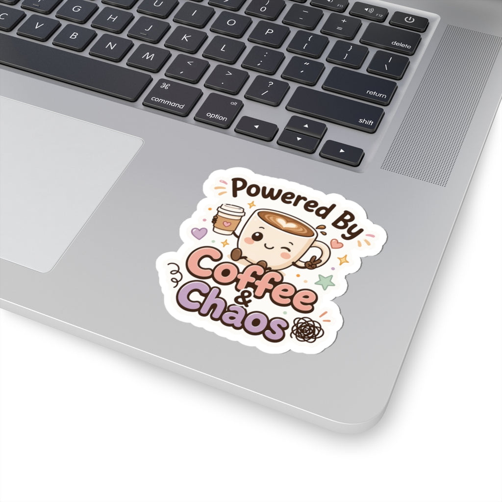 Coffee & Chaos Kiss-Cut Sticker — Cute Funny Gift for Coffee Lovers Laptop Sticker