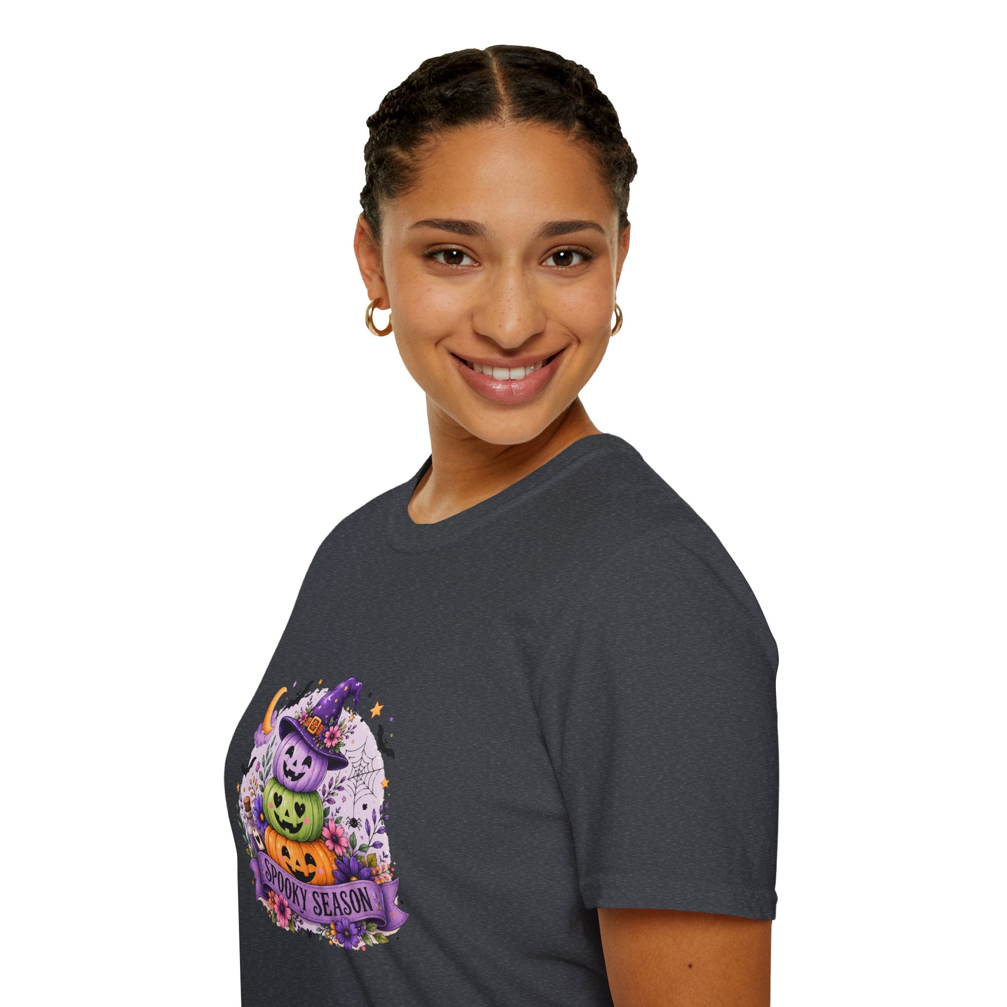 Spooky Season Pumpkin Stack T-Shirt — Cute Halloween Gift for Women Witch Hat Tee
