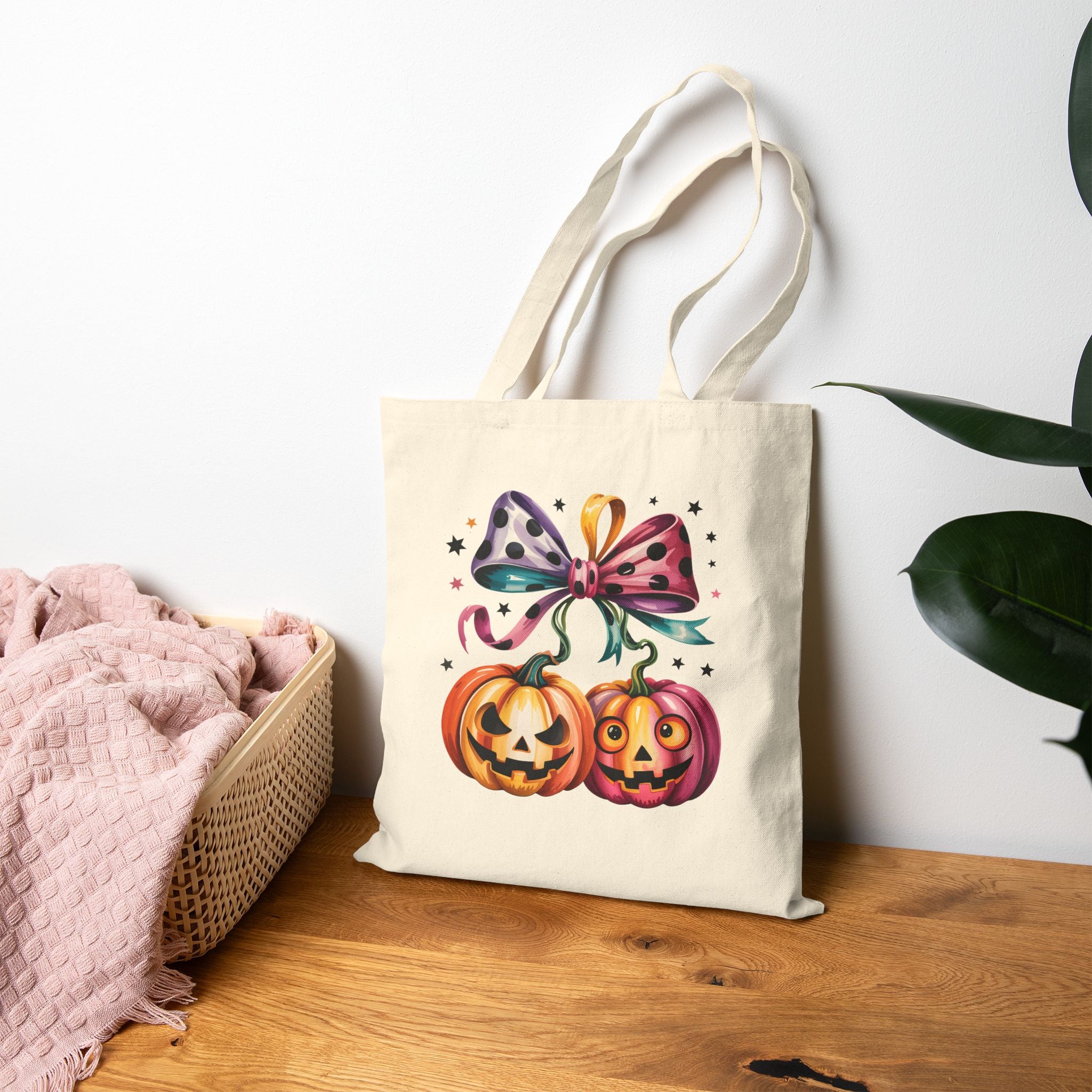 Halloween Pumpkin Pair Canvas Tote Bag — Cute Jack-O'-Lantern Gift for Women