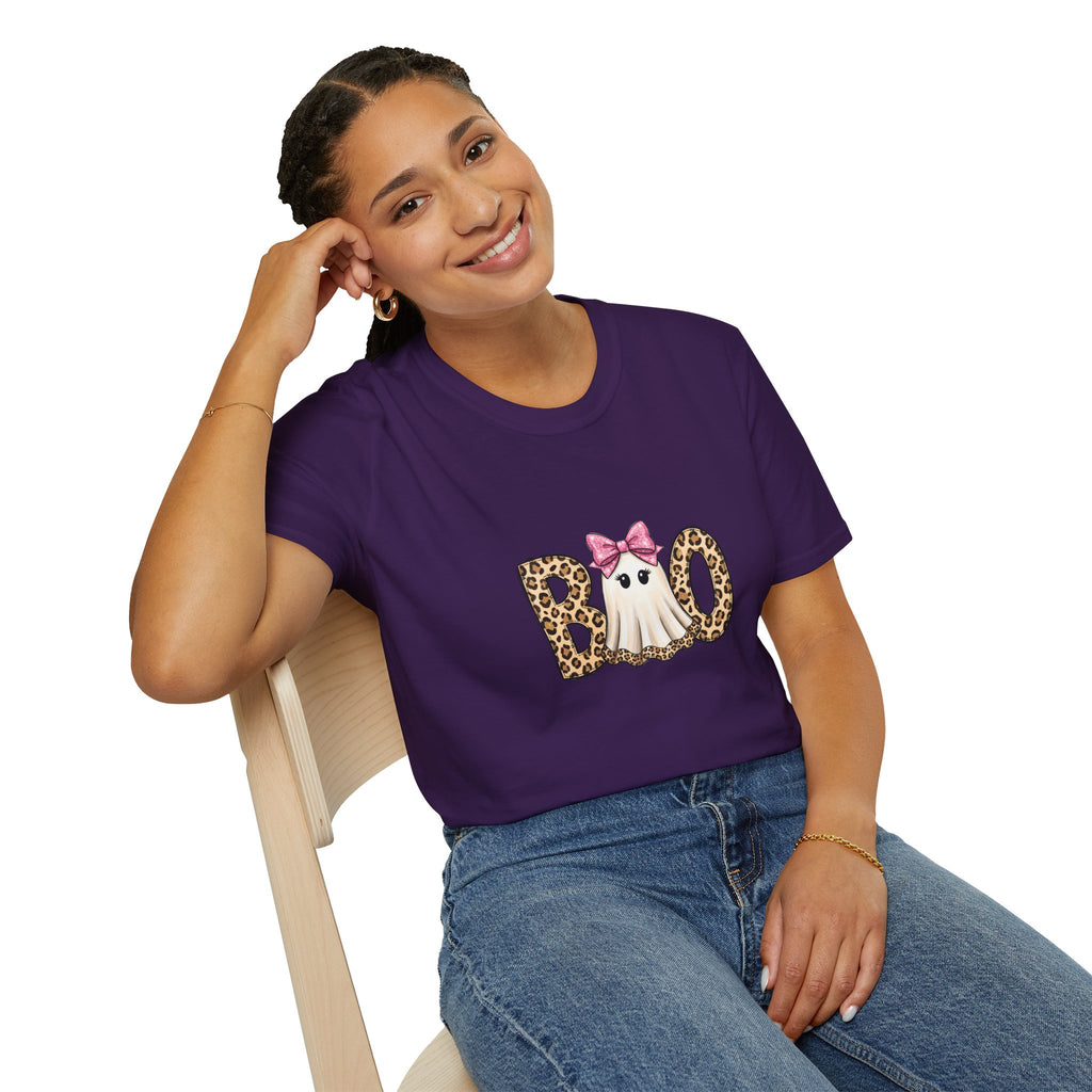 Boo Leopard Ghost T-Shirt — Cute Pink Bow Halloween Gift for Women Graphic Tee
