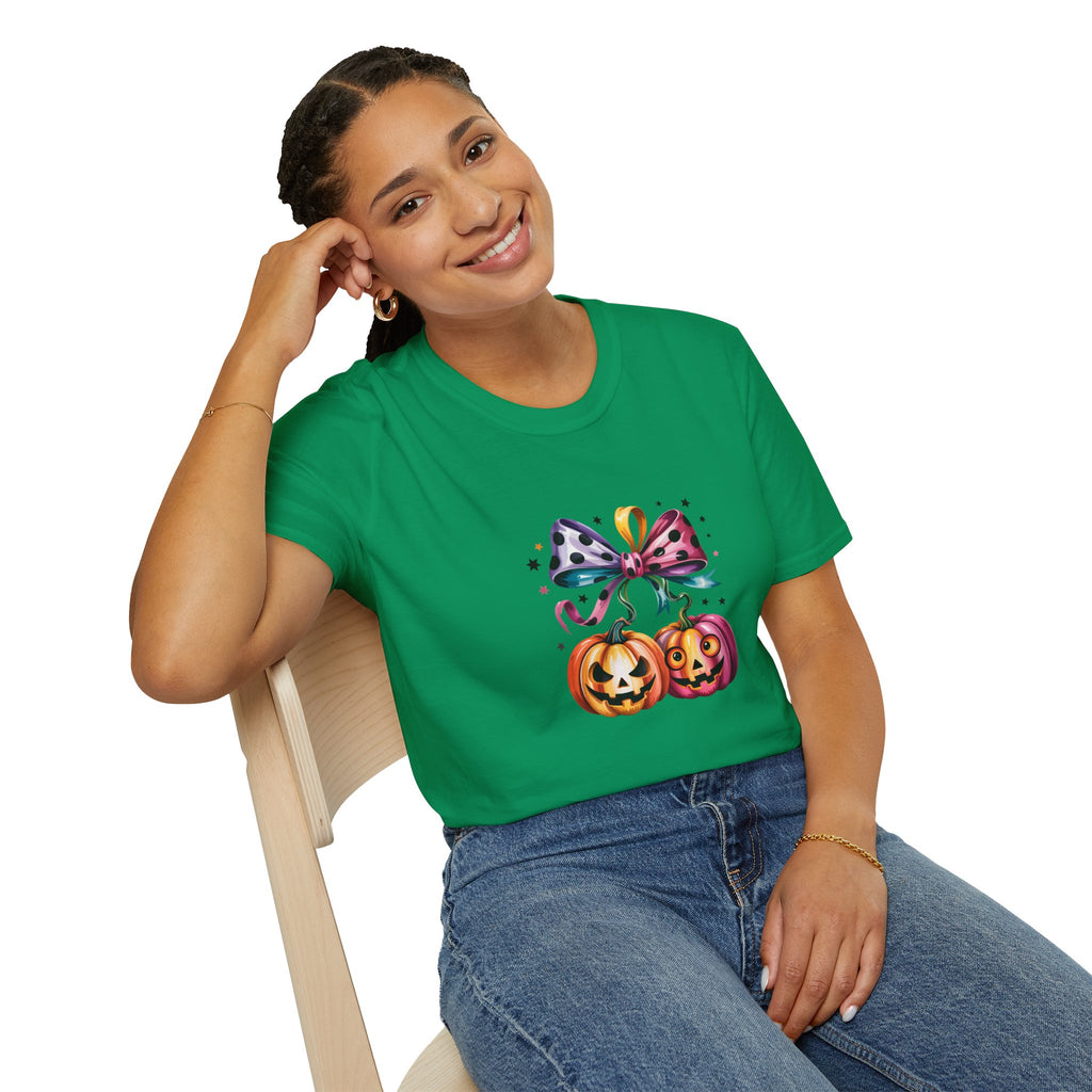 Halloween Pumpkin Bow T-Shirt — Cute Colorful Gift for Women Jack-O'-Lantern Tee